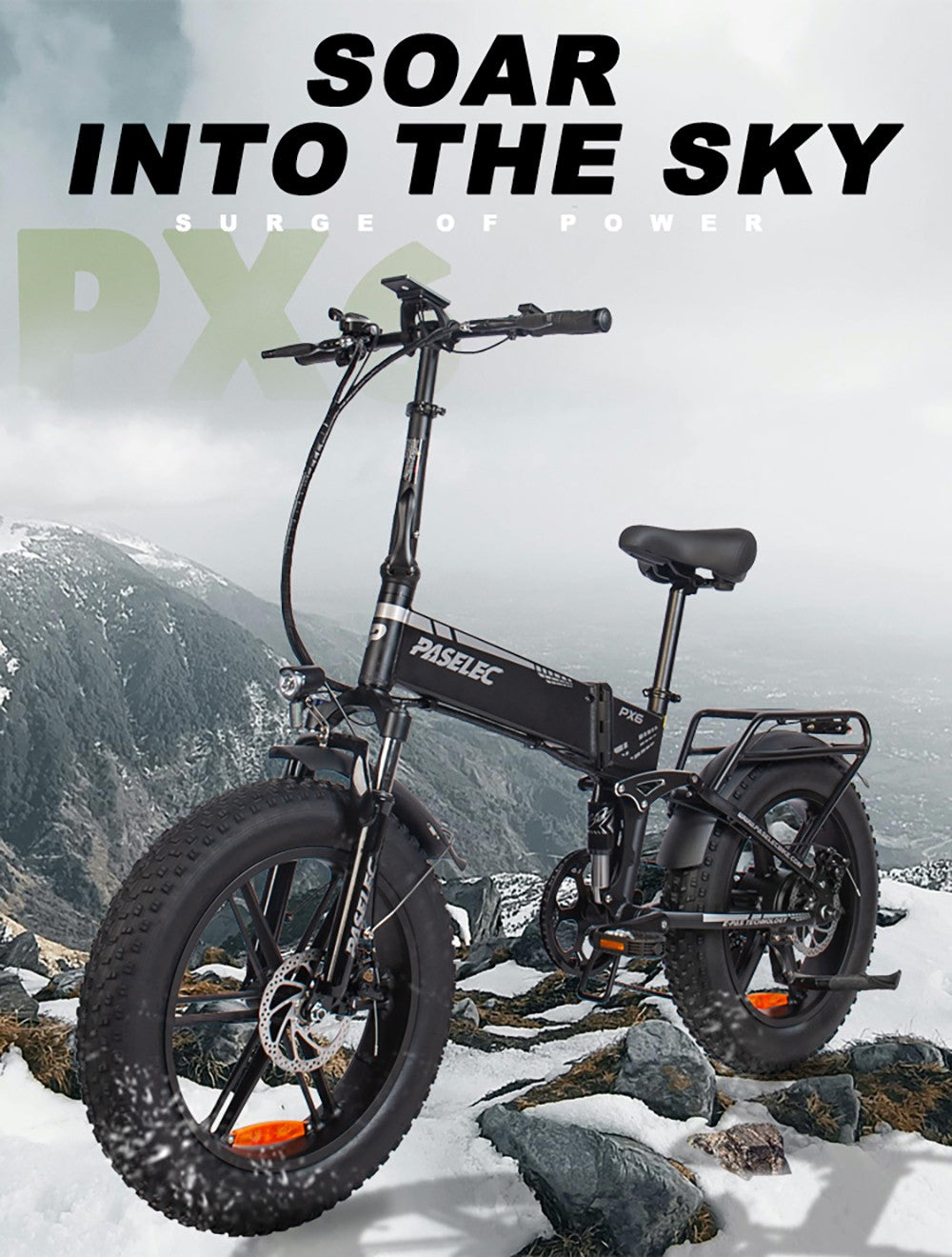 Elektrokolo PASELEC PX6, motor 750 W, baterie 48 V 13 Ah, tlusté pneumatiky 20*4,0 palce, maximální rychlost 45 km/h, dojezd 70 km, mechanická kotoučová brzda, uzamykatelná přední vidlice s tlumičem, řazení Shimano 7 rychlostí - černé