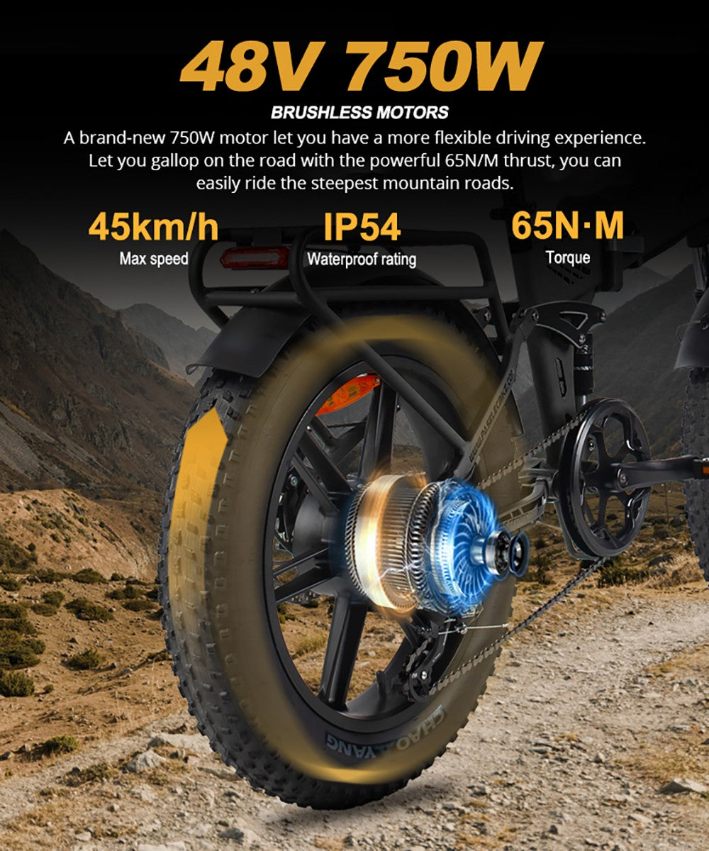 Elektrokolo PASELEC PX6, motor 750 W, baterie 48 V 13 Ah, tlusté pneumatiky 20*4,0 palce, maximální rychlost 45 km/h, dojezd 70 km, mechanická kotoučová brzda, uzamykatelná přední vidlice s tlumičem, řazení Shimano 7 rychlostí - černé