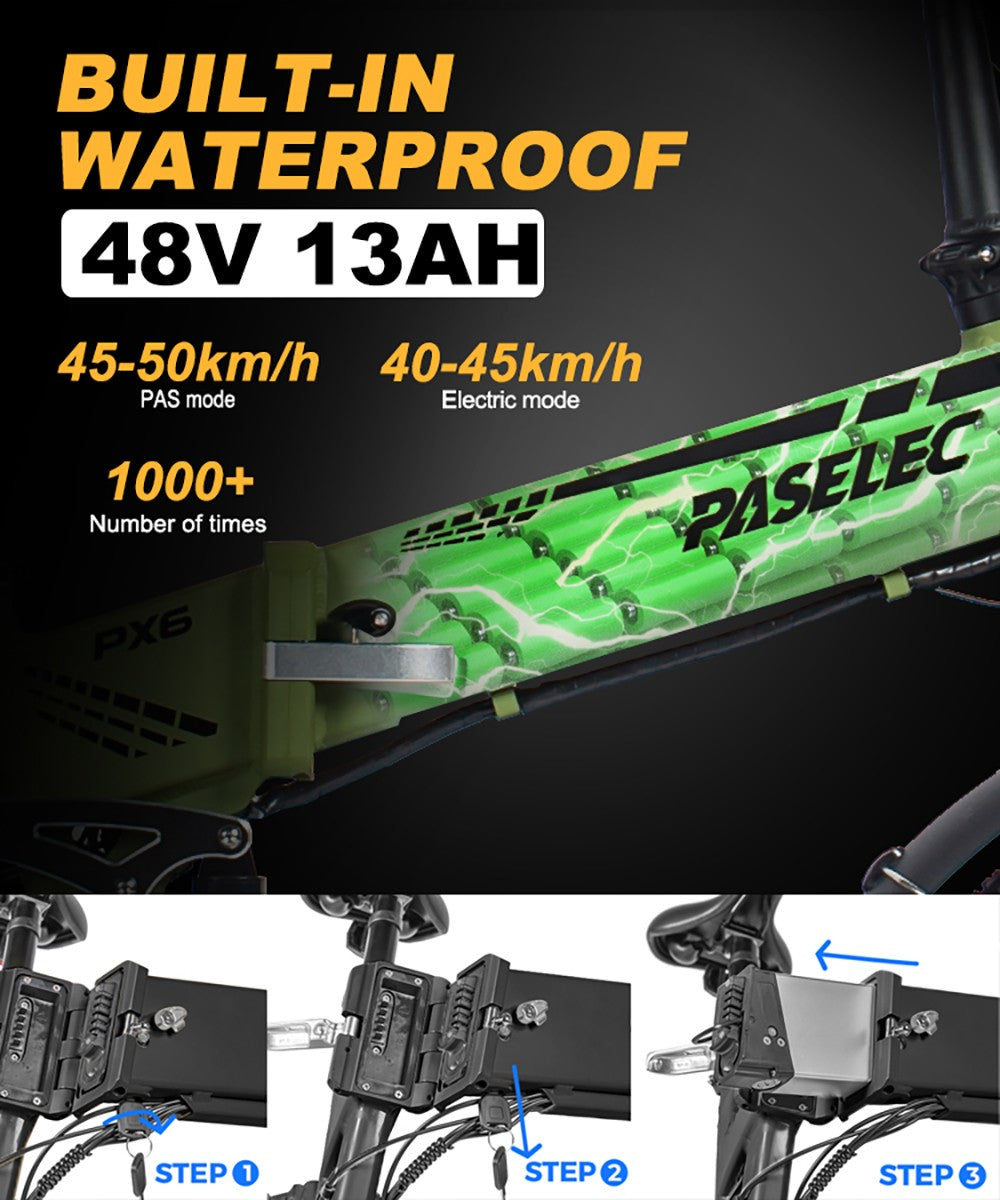 Elektrokolo PASELEC PX6, motor 750 W, baterie 48 V 13 Ah, tlusté pneumatiky 20*4,0 palce, maximální rychlost 45 km/h, dojezd 70 km, mechanická kotoučová brzda, uzamykatelná přední vidlice s tlumičem, řazení Shimano 7 rychlostí - černé