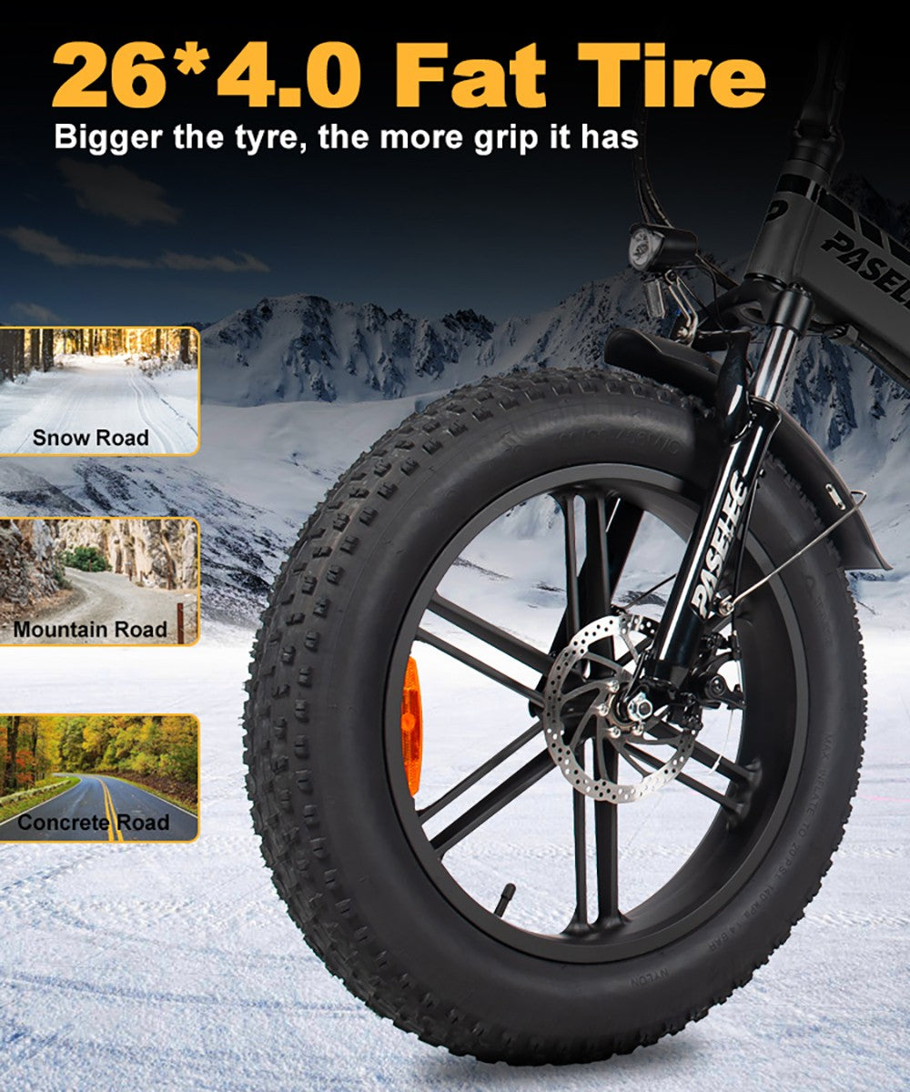 Elektrokolo PASELEC PX6, motor 750 W, baterie 48 V 13 Ah, tlusté pneumatiky 20*4,0 palce, maximální rychlost 45 km/h, dojezd 70 km, mechanická kotoučová brzda, uzamykatelná přední vidlice s tlumičem, řazení Shimano 7 rychlostí - černé