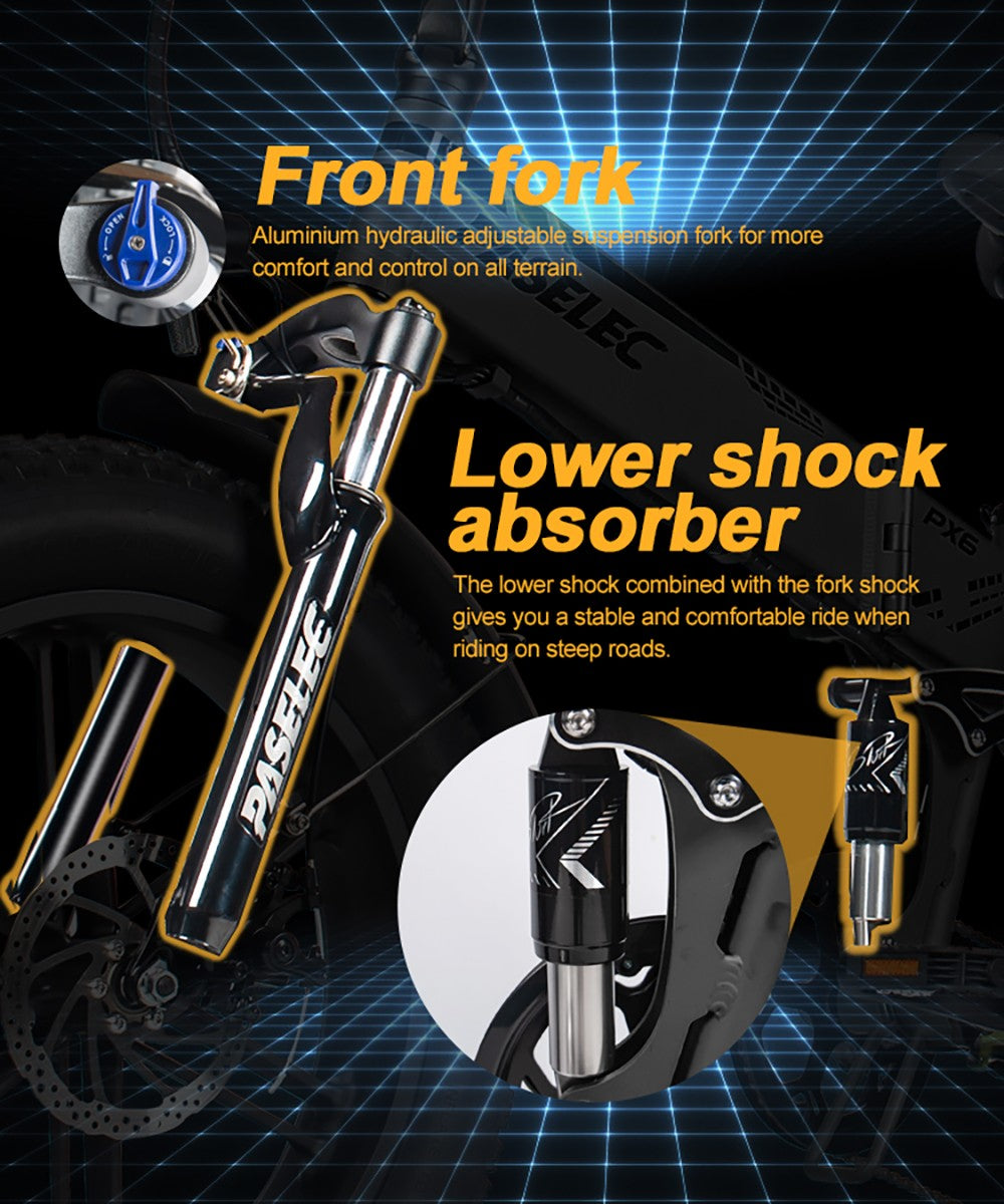 Elektrokolo PASELEC PX6, motor 750 W, baterie 48 V 13 Ah, tlusté pneumatiky 20*4,0 palce, maximální rychlost 45 km/h, dojezd 70 km, mechanická kotoučová brzda, uzamykatelná přední vidlice s tlumičem, řazení Shimano 7 rychlostí - černé