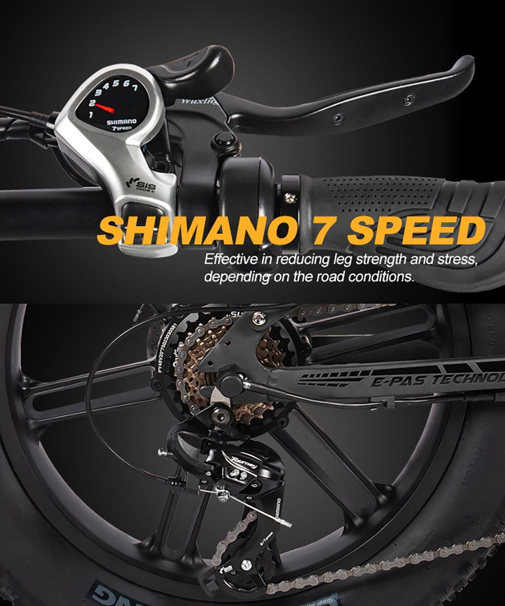 Elektrokolo PASELEC PX6, motor 750 W, baterie 48 V 13 Ah, tlusté pneumatiky 20*4,0 palce, maximální rychlost 45 km/h, dojezd 70 km, mechanická kotoučová brzda, uzamykatelná přední vidlice s tlumičem, řazení Shimano 7 rychlostí - černé