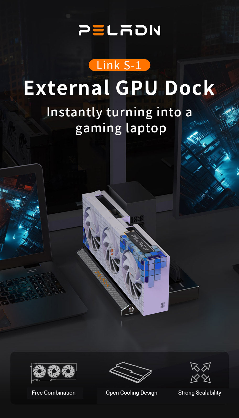 Dokovací stanice PELADN Link S-1 eGPU, 2x Thunderbolt 3, 1x 1000M LAN, 1x M.2 2280 NVME SSD, přenosová rychlost 40 Gb/s, kompatibilní s napájecími zdroji ATX/SFX