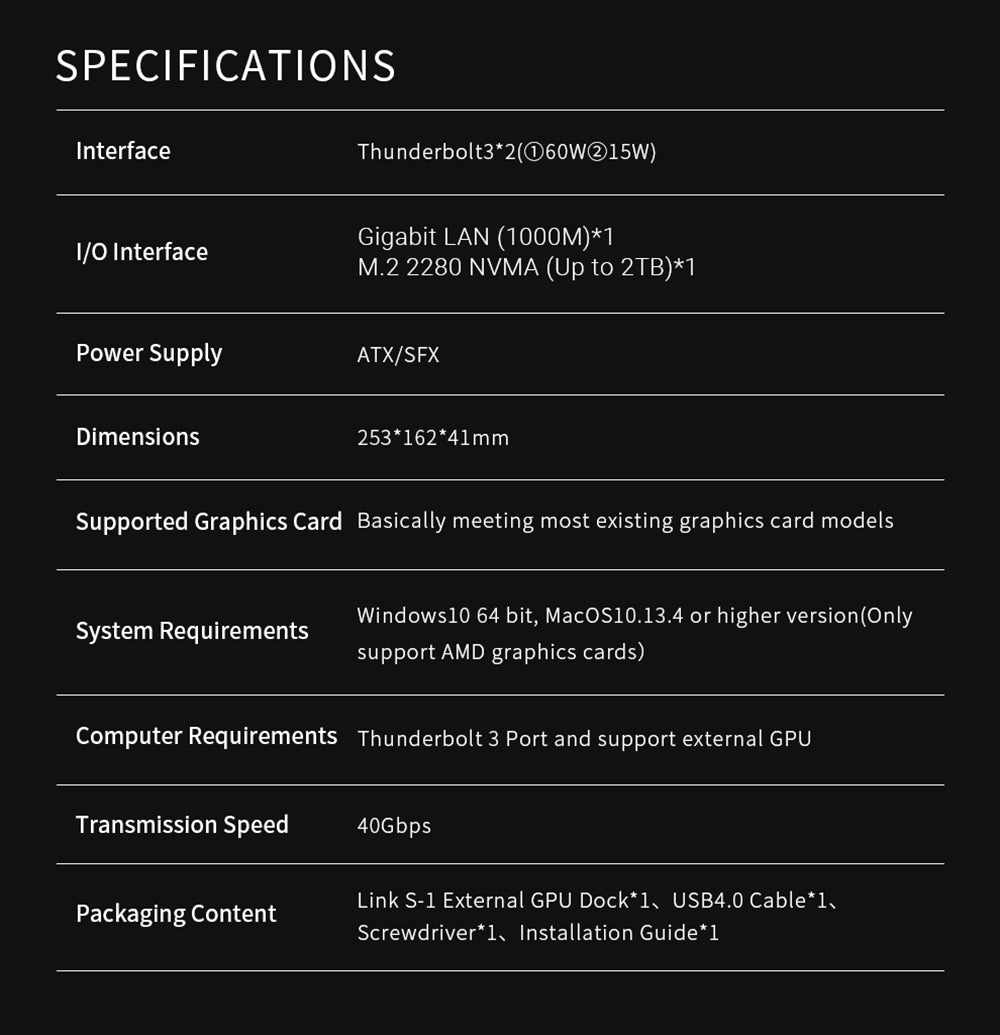 Dokovací stanice PELADN Link S-1 eGPU, 2x Thunderbolt 3, 1x 1000M LAN, 1x M.2 2280 NVME SSD, přenosová rychlost 40 Gb/s, kompatibilní s napájecími zdroji ATX/SFX