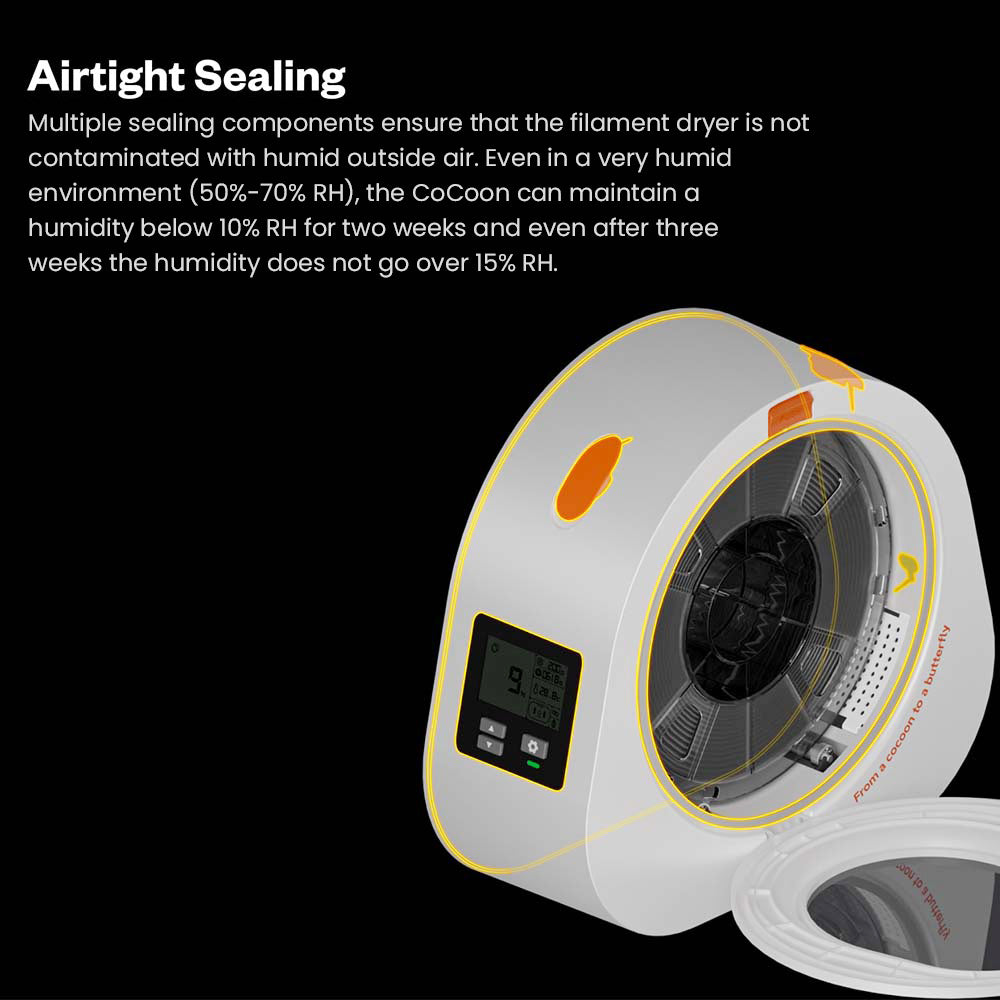 Sušička filamentu Phaetus aeBox CoCoon, monitorování v reálném čase, kapacita vysoušedla 400 g, vhodné pro standardní cívky o hmotnosti 1 kg (Φ204*70 mm), nízká spotřeba energie