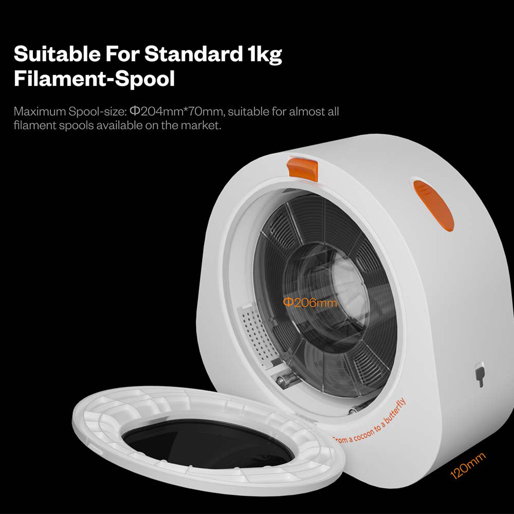 Sušička filamentu Phaetus aeBox CoCoon, monitorování v reálném čase, kapacita vysoušedla 400 g, vhodné pro standardní cívky 1 kg (Φ204*70 mm), nízká spotřeba energie