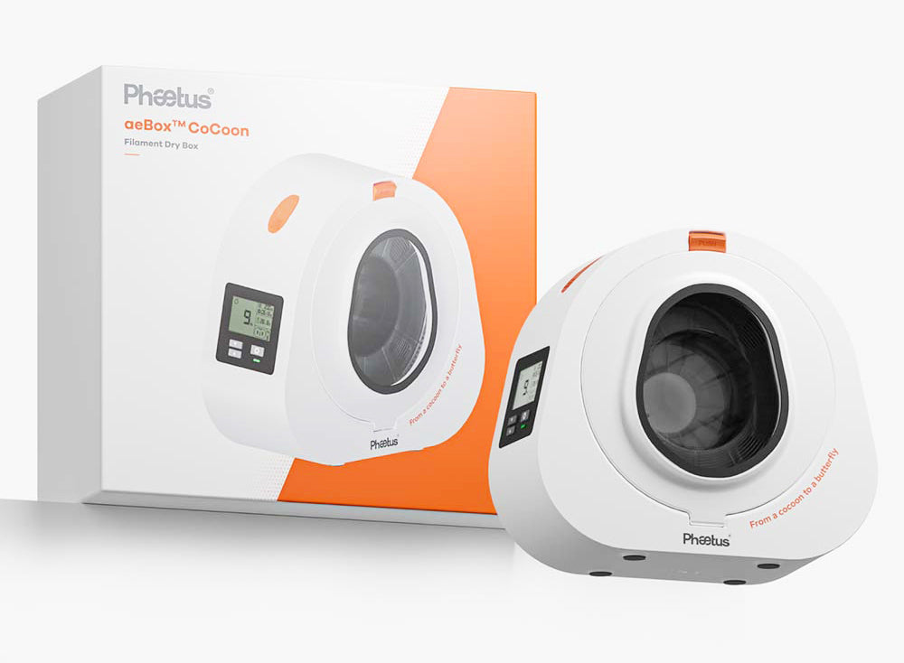 Sušička filamentu Phaetus aeBox CoCoon, monitorování v reálném čase, kapacita vysoušedla 400 g, vhodné pro standardní cívky 1 kg (Φ204*70 mm), nízká spotřeba energie