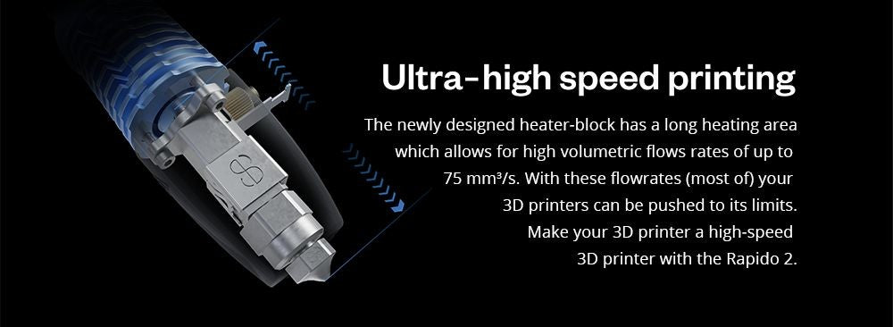 Phaetus Rapido 2.0 HF Hotend, maximální teplota tisku 350 stupňů Celsia, kompatibilní s termoplastickými filamenty a kompozitními materiály - modrý