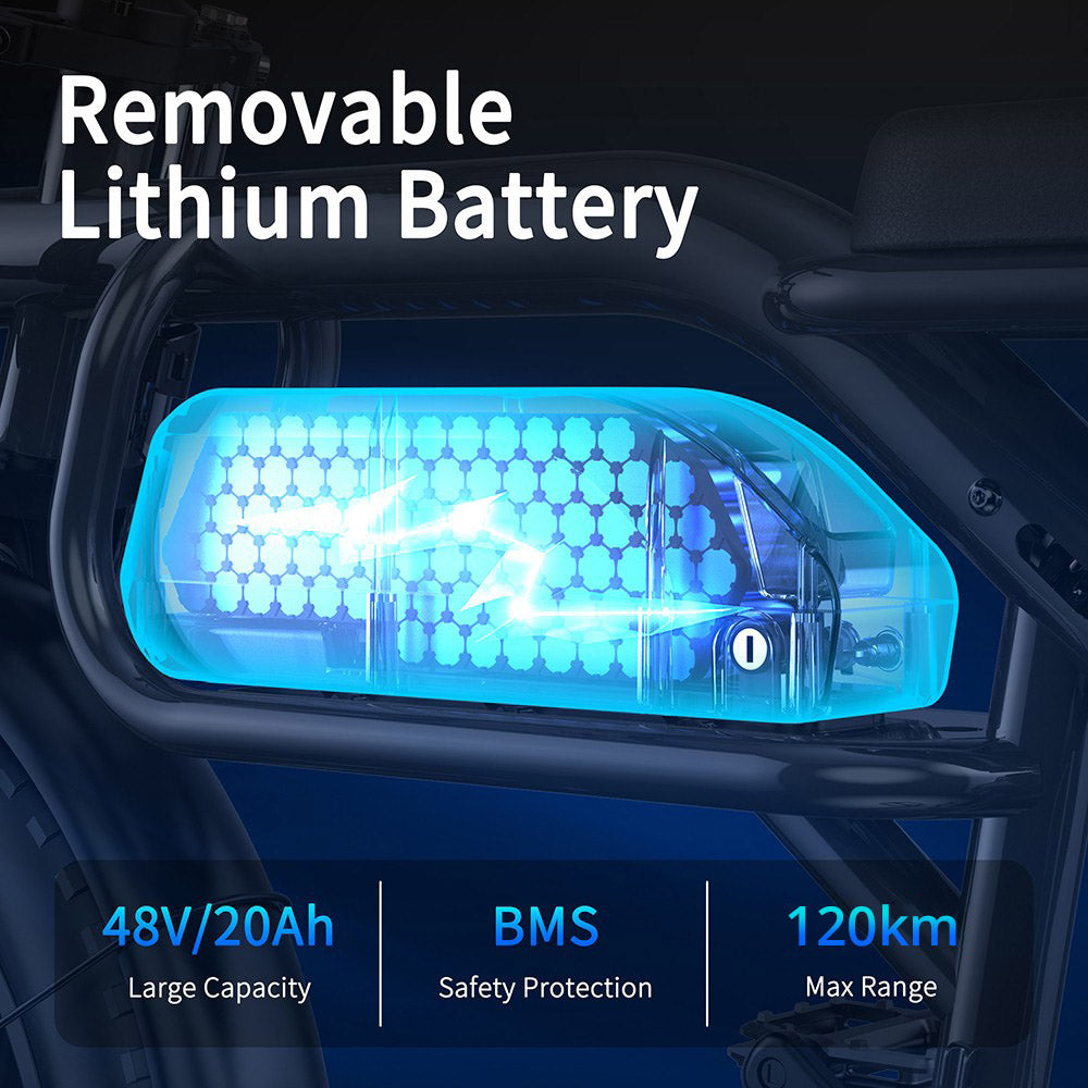 Elektrokolo PHNHOLUN C8 Pro, motor s maximálním výkonem 1500 W, baterie 48 V 20 Ah, pneumatiky 20 x 4,0 palce, maximální rychlost 60 km/h, maximální dojezd 120 km, přední hydraulický tlumič, zadní vzduchové odpružení, Shimano 7 rychlostí, kotoučová brzda, ovládání přes aplikaci