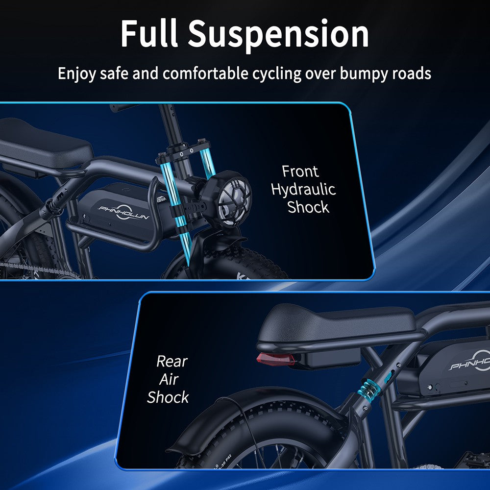 Elektrokolo PHNHOLUN C8 Pro, motor 1500 W, baterie 48 V 20 Ah, tlusté pneumatiky 20 x 4,0 palce, maximální rychlost 60 km/h, dojezd 190 km, odpružení vpředu i vzadu, řazení Shimano 7 rychlostí, kotoučová brzda, ovládání přes aplikaci