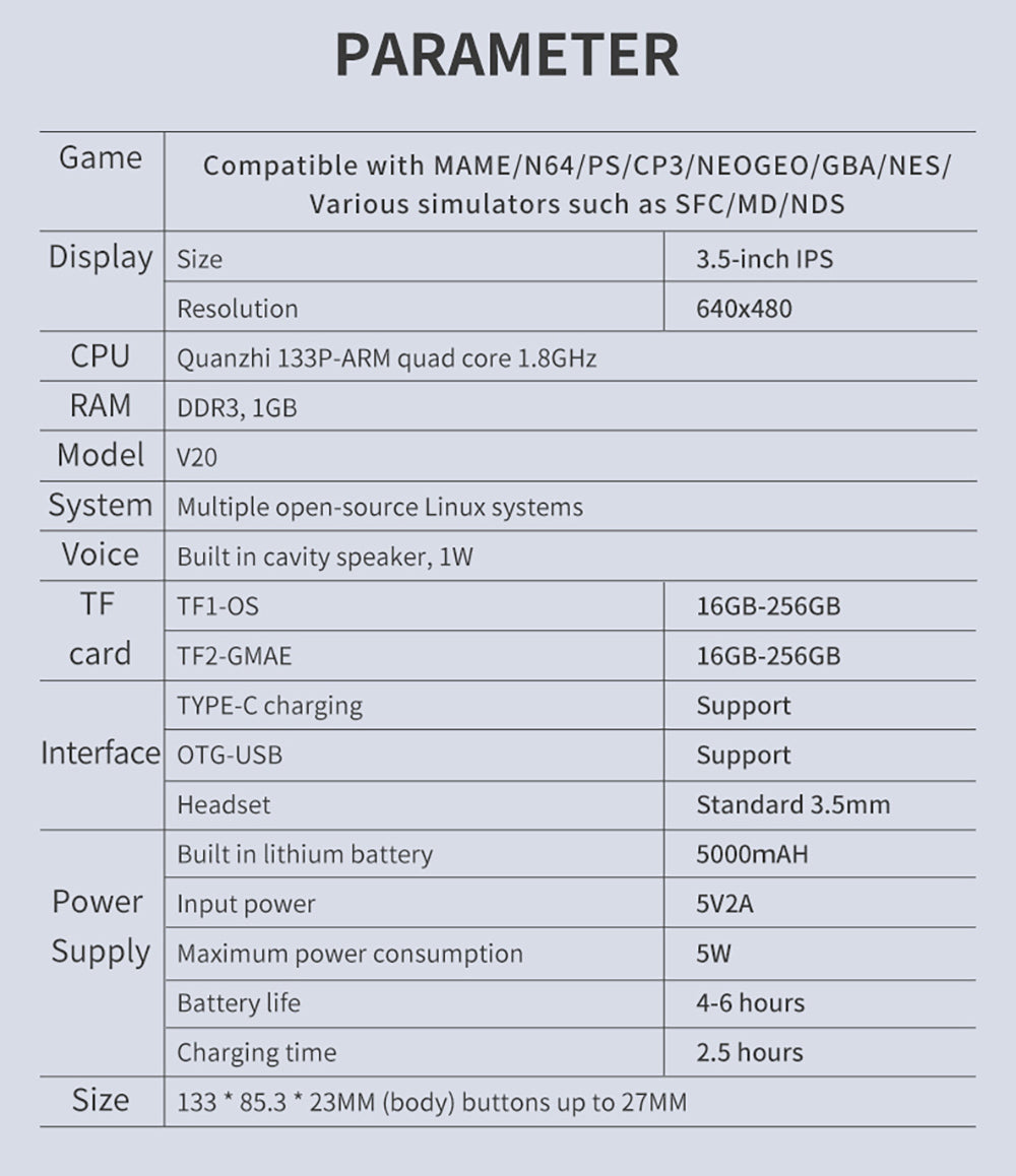 Kapesní herní konzole Powkiddy V20, 64GB TF karta, 3,5palcový IPS displej, systém s otevřeným zdrojovým kódem Linux, 64bitové 3D simulátory, 10 hodin hraní - šedá