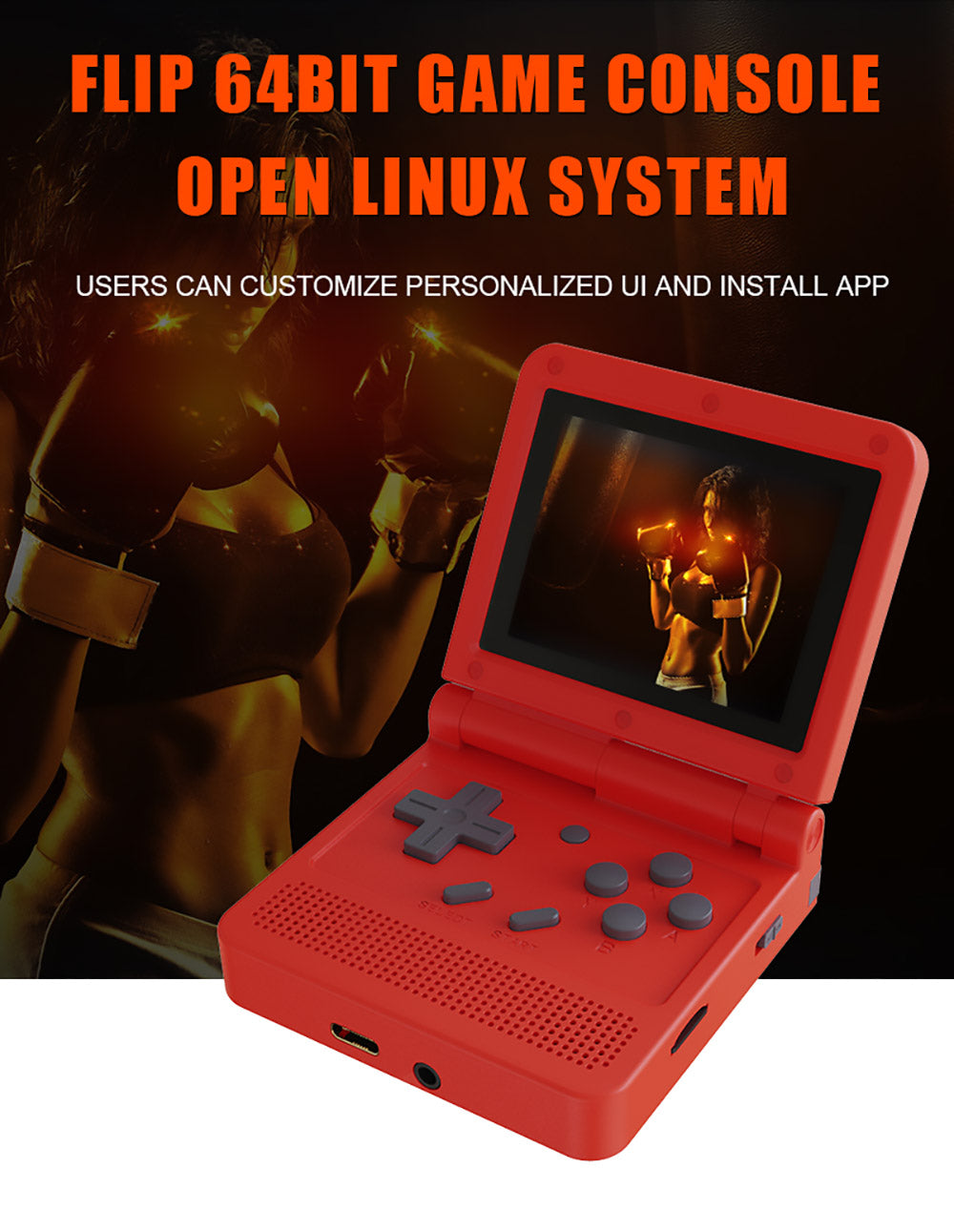 Powkiddy V90 3palcová IPS obrazovka, výklopná ruční herní konzole 64 GB, retro duální otevřený systém, 16 simulátorů, dárek pro děti - červená