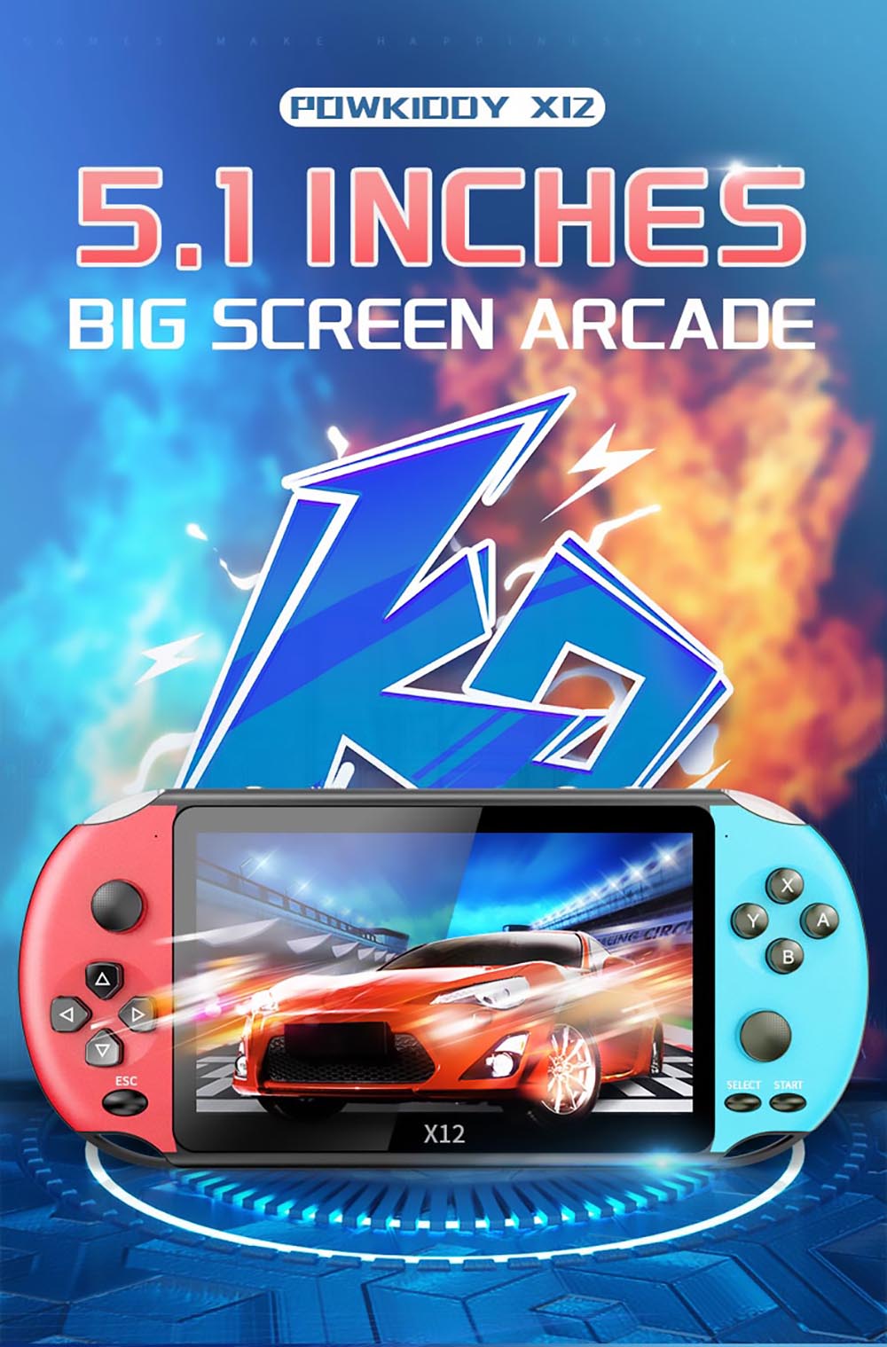 Powkiddy X12 Retro kapesní herní konzole 5,1 palce IPS obrazovka vestavěná 8GB paměť - modrá červená