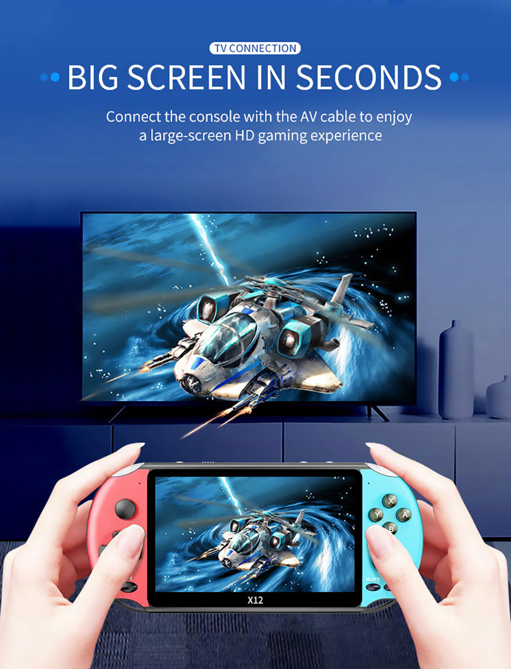 Powkiddy X12 Retro kapesní herní konzole 5,1 palce IPS obrazovka vestavěná 8GB paměť - modrá červená