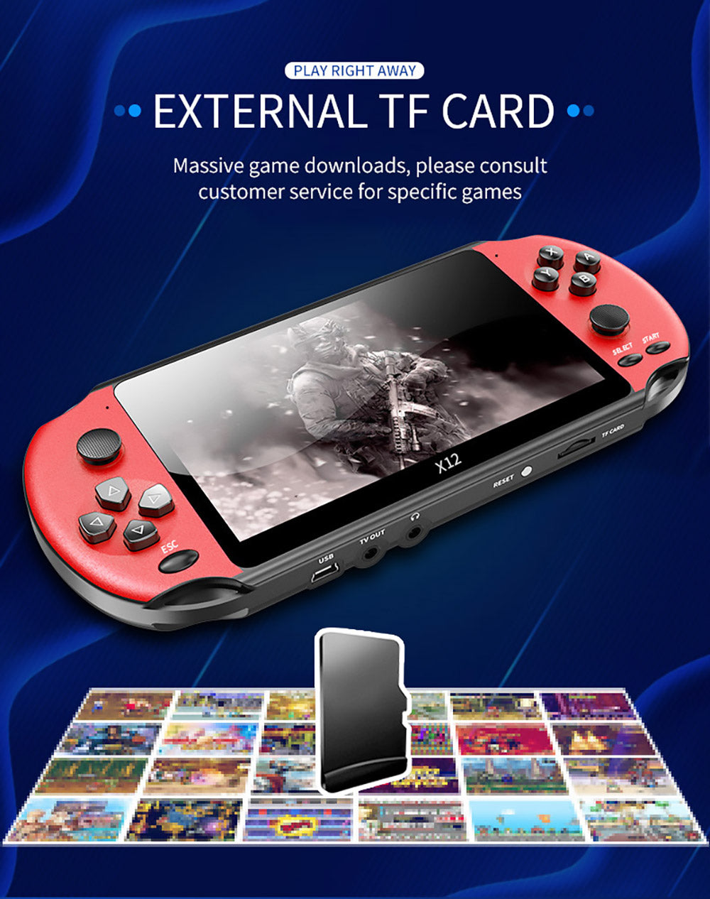 Powkiddy X12 Retro kapesní herní konzole 5,1 palce IPS obrazovka vestavěná 8GB paměť - modrá červená