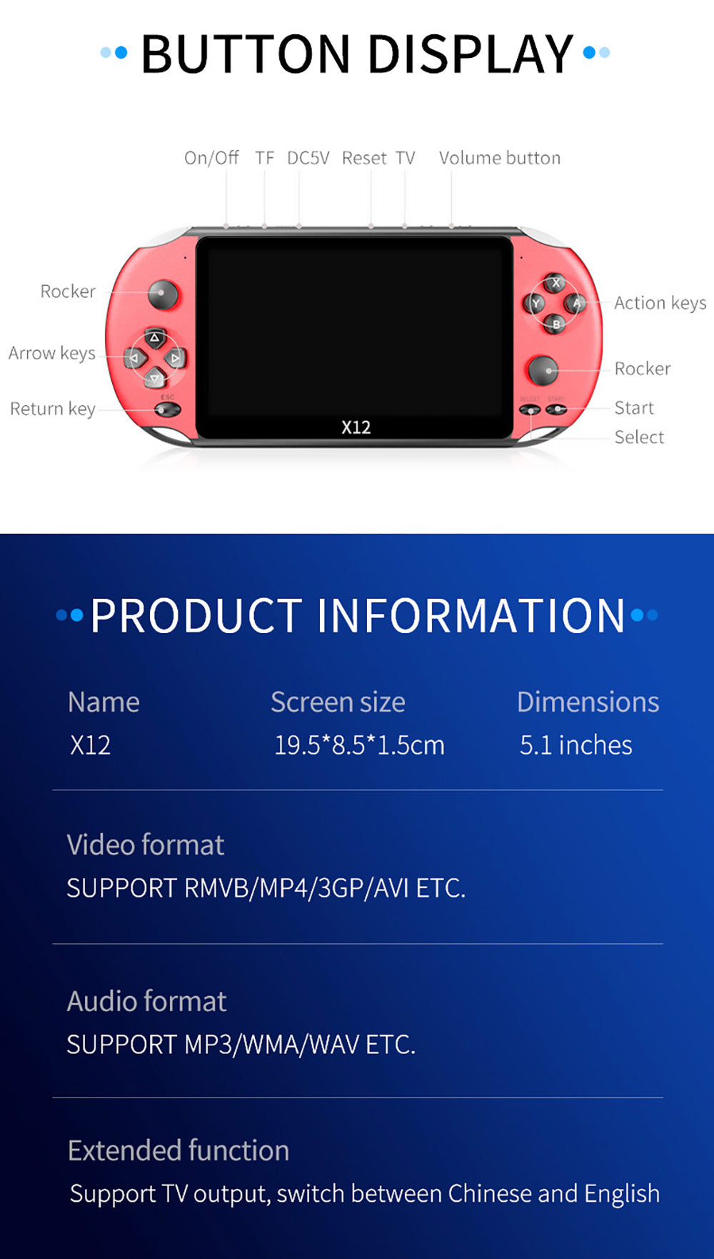 Powkiddy X12 Retro kapesní herní konzole 5,1 palce IPS obrazovka vestavěná 8GB paměť - modrá červená