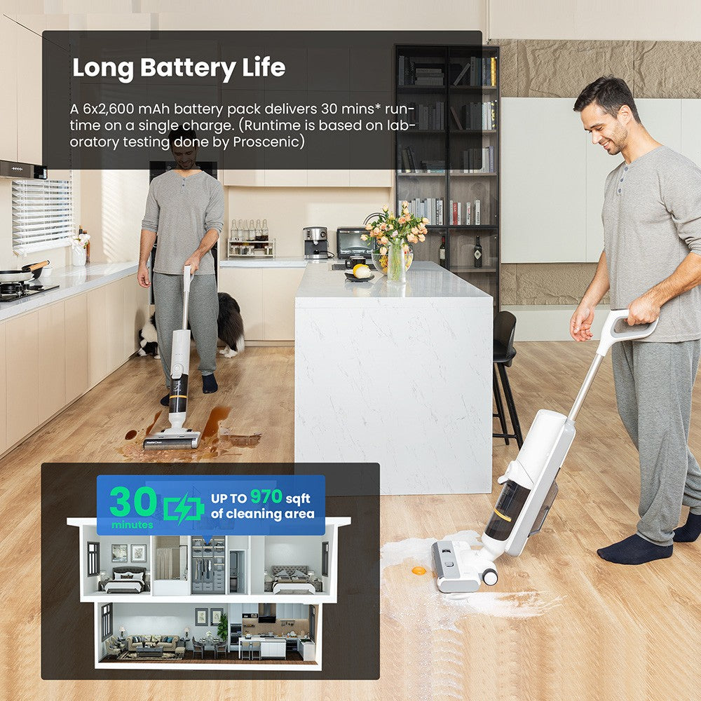 Bezdrátový vysavač a mop Proscenic F10 Pro, 30minutová doba provozu, samočištění, LED displej, čištění okrajů po celém obvodu, 3 režimy čištění, dvě nádrže na vodu