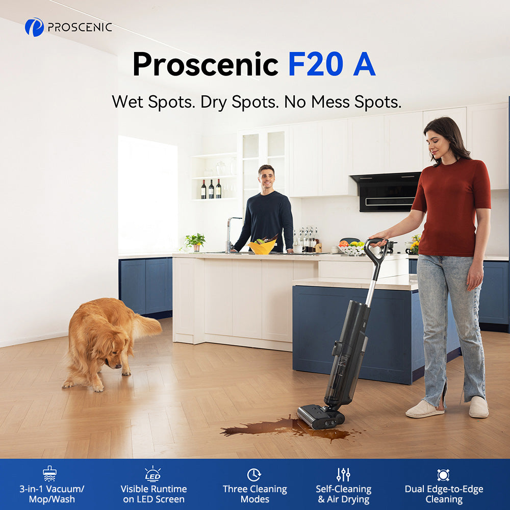 Bezdrátový vysavač a mop Proscenic F20A, doba provozu 35 minut, LED displej, samočištění a sušení vzduchem, čištění okrajů po celém obvodu, ovládání aplikací, oddělení pevných a kapalných látek