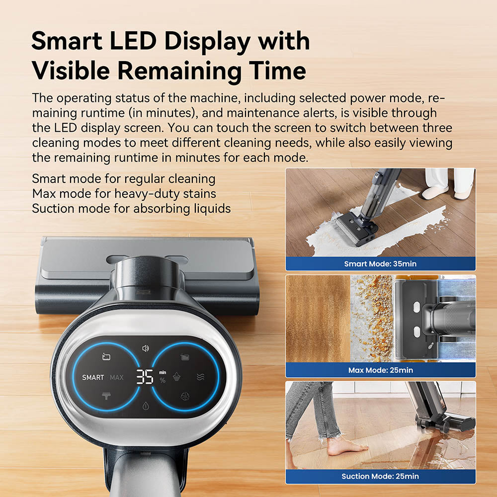 Bezdrátový vysavač a mop Proscenic F20A, doba provozu 35 minut, LED displej, samočištění a sušení vzduchem, čištění okrajů po celém obvodu, ovládání aplikací, oddělení pevných a kapalných látek
