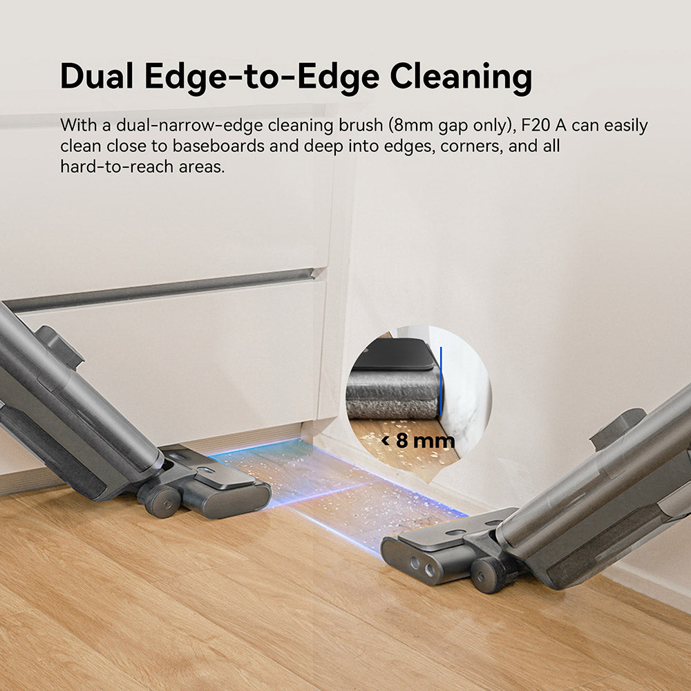 Bezdrátový vysavač a mop Proscenic F20A, doba provozu 35 minut, LED displej, samočištění a sušení vzduchem, čištění okrajů po celém obvodu, ovládání aplikací, oddělení pevných a kapalných látek