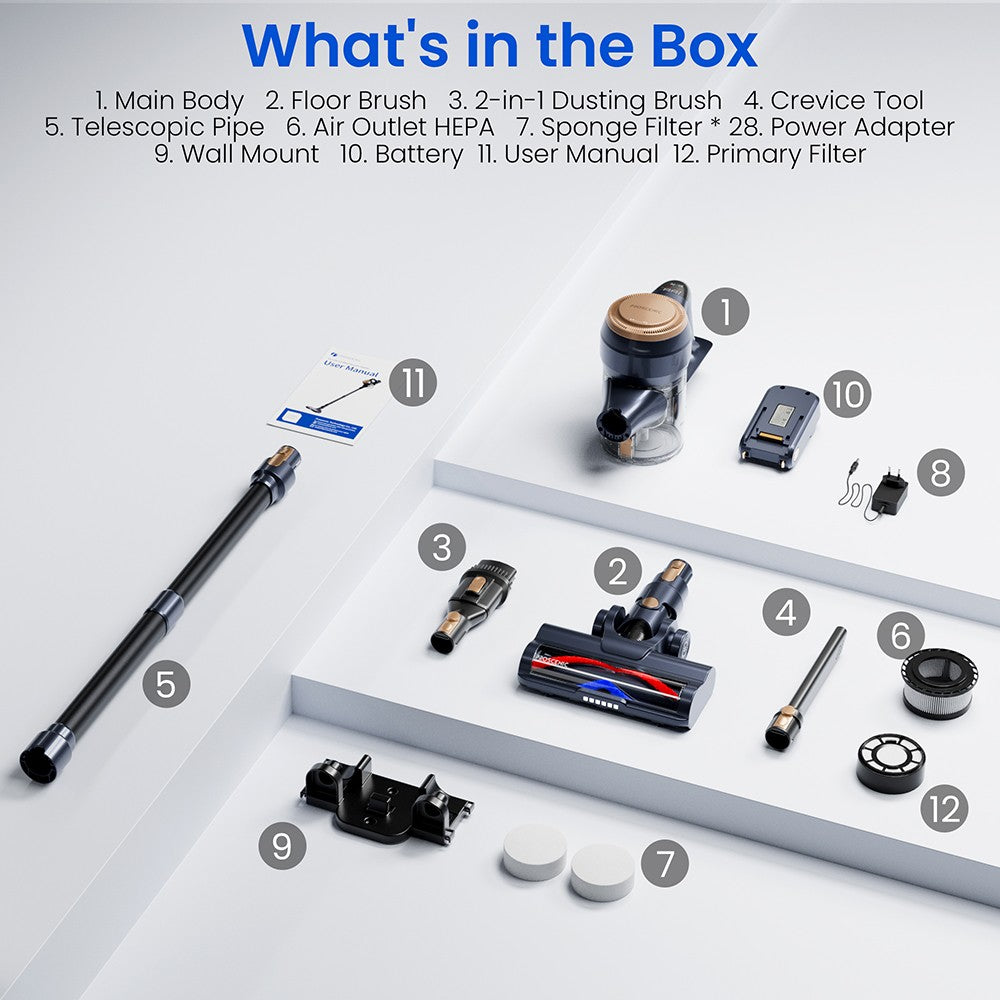 Bezdrátový vysavač Proscenic P11 Lite, max. sací tlak 28 kPa, doba provozu až 35 minut, LED displej, automatické rozčesávání vlasů, otočné řízení o 180°, nádoba na prach o objemu 550 ml, teleskopická trubka, nízká hlučnost, nástěnný úložný prostor