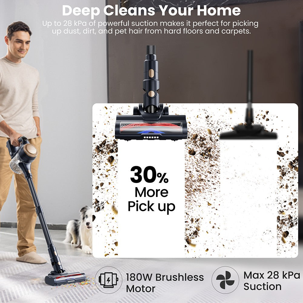 Bezdrátový vysavač Proscenic P11 Lite, max. sací tlak 28 kPa, doba provozu až 35 minut, LED displej, automatické rozčesávání vlasů, otočné řízení o 180°, nádoba na prach o objemu 550 ml, teleskopická trubka, nízká hlučnost, nástěnný úložný prostor