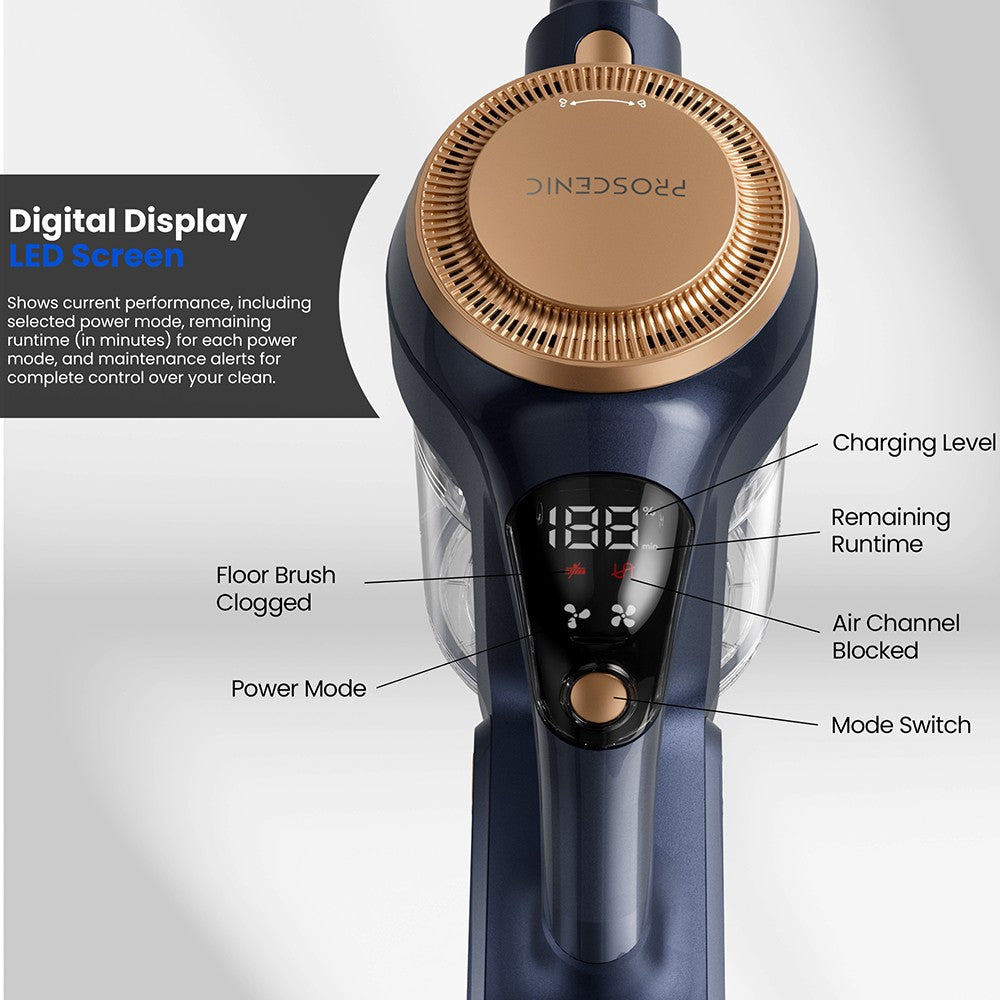 Bezdrátový vysavač Proscenic P11 Lite, max. sací tlak 28 kPa, doba provozu až 35 minut, LED displej, automatické rozčesávání vlasů, otočné řízení o 180°, nádoba na prach o objemu 550 ml, teleskopická trubka, nízká hlučnost, nástěnný úložný prostor