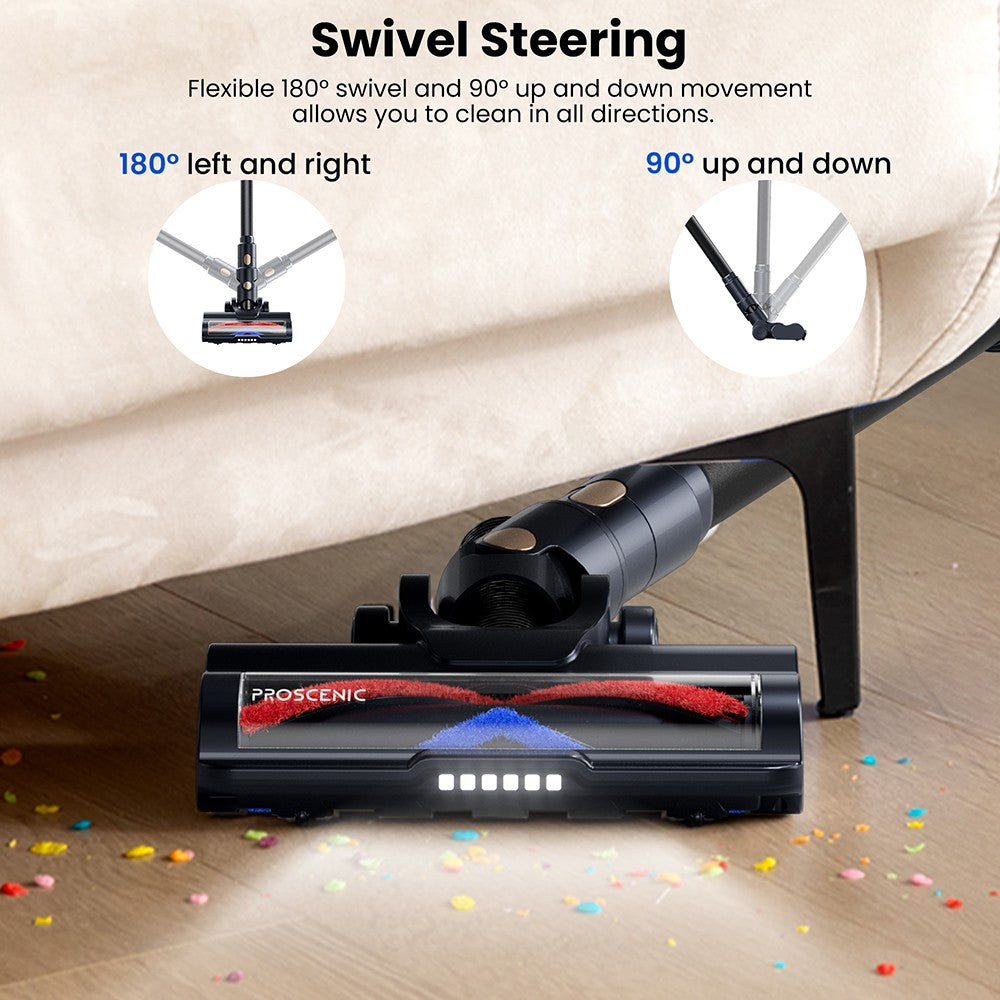 Bezdrátový vysavač Proscenic P11 Lite, max. sací tlak 28 kPa, doba provozu až 35 minut, LED displej, automatické rozčesávání vlasů, otočné řízení o 180°, nádoba na prach o objemu 550 ml, teleskopická trubka, nízká hlučnost, nástěnný úložný prostor