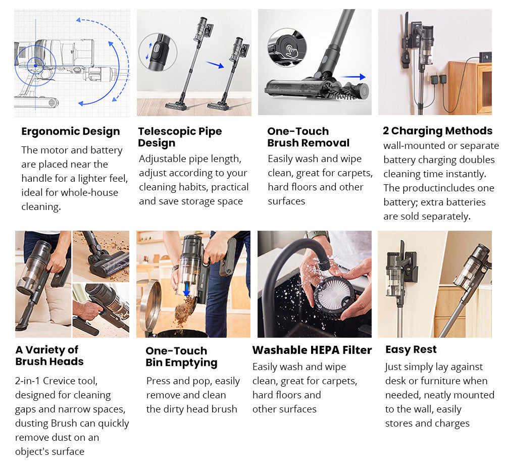 Bezdrátový vysavač Proscenic P11 Mopping, sací tlak 35 kPa, nádoba na prach o objemu 0,65 l, 5stupňový filtrační systém, odnímatelná baterie 2000 mAh, výdrž baterie až 50 minut, dotyková obrazovka