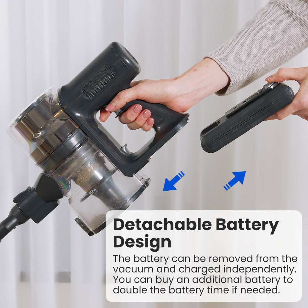 Bezdrátový vysavač Proscenic P13, sací tlak 35 kPa, tyčový vysavač se zeleným světlem, LED displej, max. doba provozu 45 minut, nádoba na prach 1,2 l, válečkový kartáč proti zamotání, 5vrstvý filtrační systém, na zvířecí chlupy, tvrdé podlahy a koberce, šedý