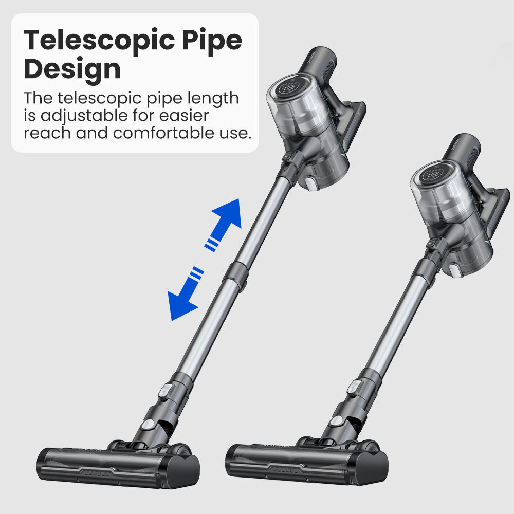 Bezdrátový vysavač Proscenic P13, sací tlak 35 kPa, tyčový vysavač se zeleným světlem, LED displej, max. doba provozu 45 minut, nádoba na prach 1,2 l, válečkový kartáč proti zamotání, 5vrstvý filtrační systém, na zvířecí chlupy, tvrdé podlahy a koberce, šedý
