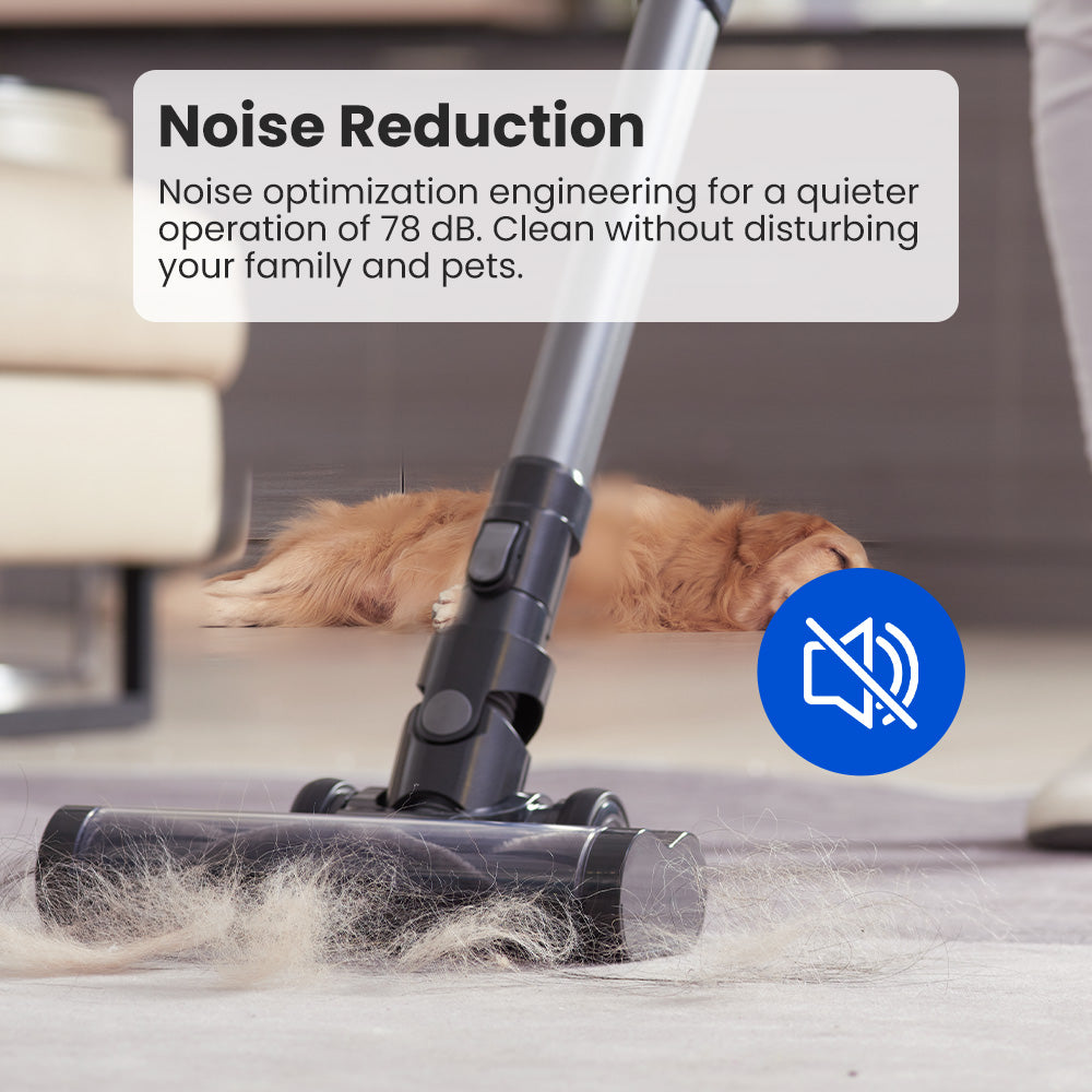 Bezdrátový vysavač Proscenic P13, sací tlak 35 kPa, tyčový vysavač se zeleným světlem, LED displej, max. doba provozu 45 minut, nádoba na prach 1,2 l, válečkový kartáč proti zamotání, 5vrstvý filtrační systém, na zvířecí chlupy, tvrdé podlahy a koberce, šedý