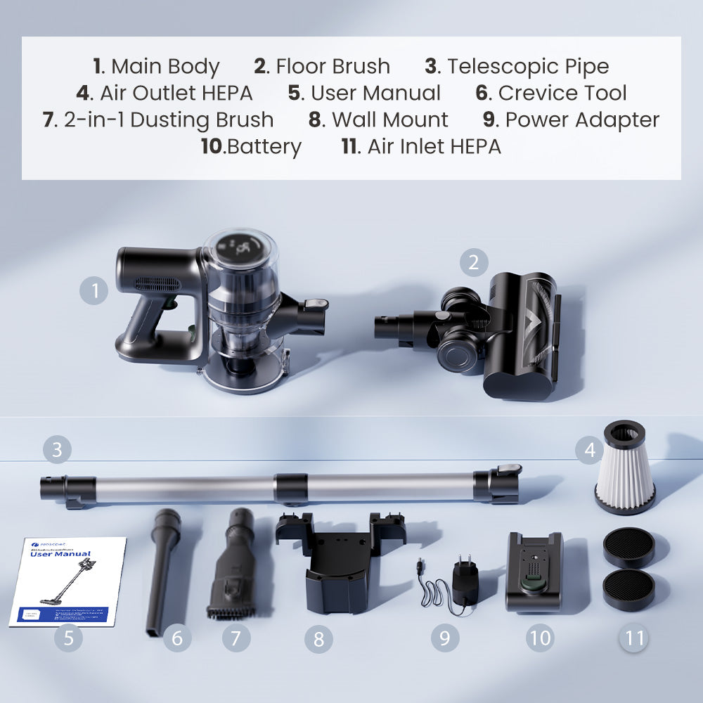 Bezdrátový vysavač Proscenic P13, sací tlak 35 kPa, tyčový vysavač se zeleným světlem, LED displej, max. doba provozu 45 minut, nádoba na prach 1,2 l, válečkový kartáč proti zamotání, 5vrstvý filtrační systém, na zvířecí chlupy, tvrdé podlahy a koberce, šedý