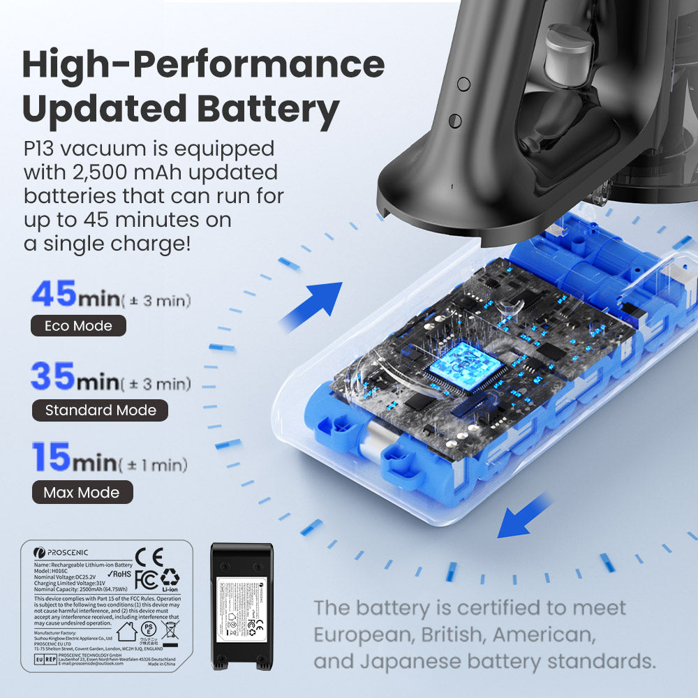 Bezdrátový vysavač Proscenic P13, sací tlak 35 kPa, tyčový vysavač se zeleným světlem, LED displej, max. doba provozu 45 minut, nádoba na prach 1,2 l, válečkový kartáč proti zamotání, 5vrstvý filtrační systém, na zvířecí chlupy, tvrdé podlahy a koberce, šedý