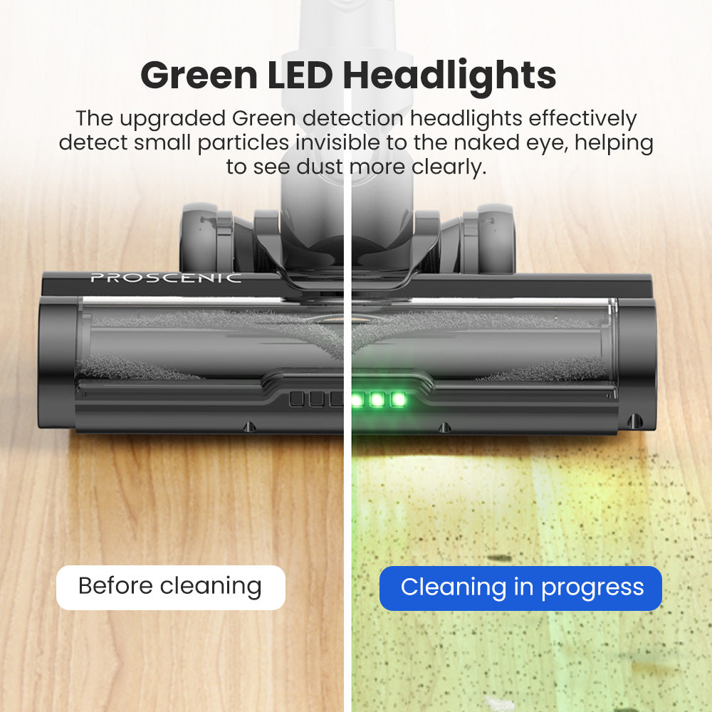 Bezdrátový vysavač Proscenic P13, sací tlak 35 kPa, tyčový vysavač se zeleným světlem, LED displej, max. doba provozu 45 minut, nádoba na prach 1,2 l, válečkový kartáč proti zamotání, 5vrstvý filtrační systém, na zvířecí chlupy, tvrdé podlahy a koberce, šedý