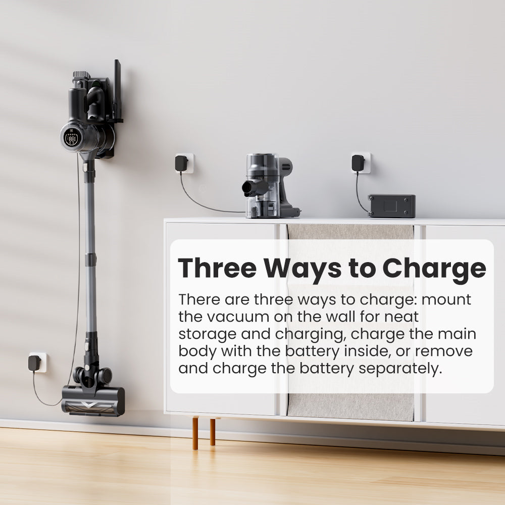 Bezdrátový vysavač Proscenic P13, sací tlak 35 kPa, tyčový vysavač se zeleným světlem, LED displej, max. doba provozu 45 minut, nádoba na prach 1,2 l, válečkový kartáč proti zamotání, 5vrstvý filtrační systém, na zvířecí chlupy, tvrdé podlahy a koberce, šedý
