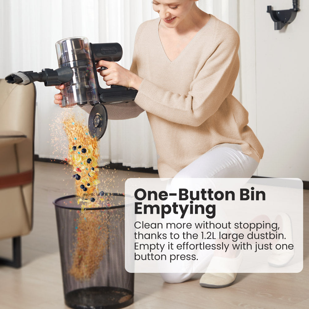 Bezdrátový vysavač Proscenic P13, sací tlak 35 kPa, tyčový vysavač se zeleným světlem, LED displej, max. doba provozu 45 minut, nádoba na prach 1,2 l, válečkový kartáč proti zamotání, 5vrstvý filtrační systém, na zvířecí chlupy, tvrdé podlahy a koberce, šedý