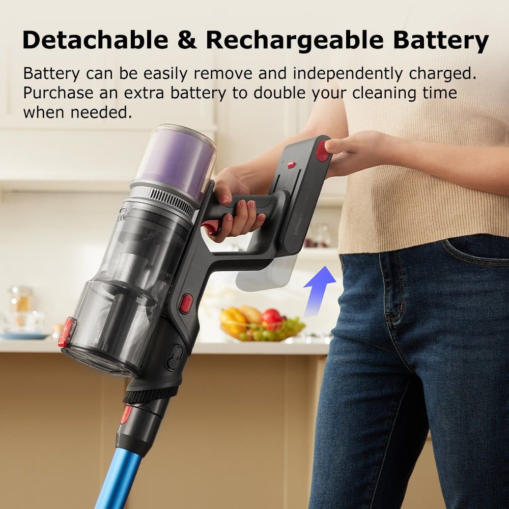 Bezdrátový tyčový vysavač Proscenic P16, sací výkon 45 kPa, doba provozu 55 minut, ohebná tyč o 180°, kartáč na podlahu proti zamotání, nízká hlučnost 62 dB, pro domácí použití a zvířecí chlupy, modrý