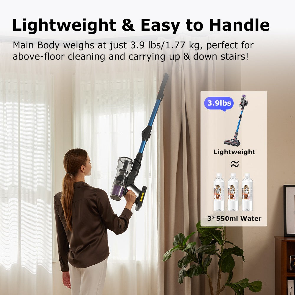 Bezdrátový tyčový vysavač Proscenic P16, sací výkon 45 kPa, doba provozu 55 minut, ohebná tyč o 180°, kartáč na podlahu proti zamotání, nízká hlučnost 62 dB, pro domácí použití a zvířecí chlupy, modrý