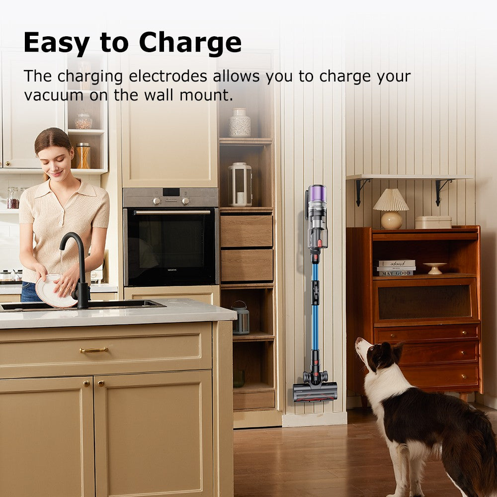 Bezdrátový tyčový vysavač Proscenic P16, sací výkon 45 kPa, doba provozu 55 minut, ohebná tyč o 180°, kartáč na podlahu proti zamotání, nízká hlučnost 62 dB, pro domácí použití a zvířecí chlupy, modrý