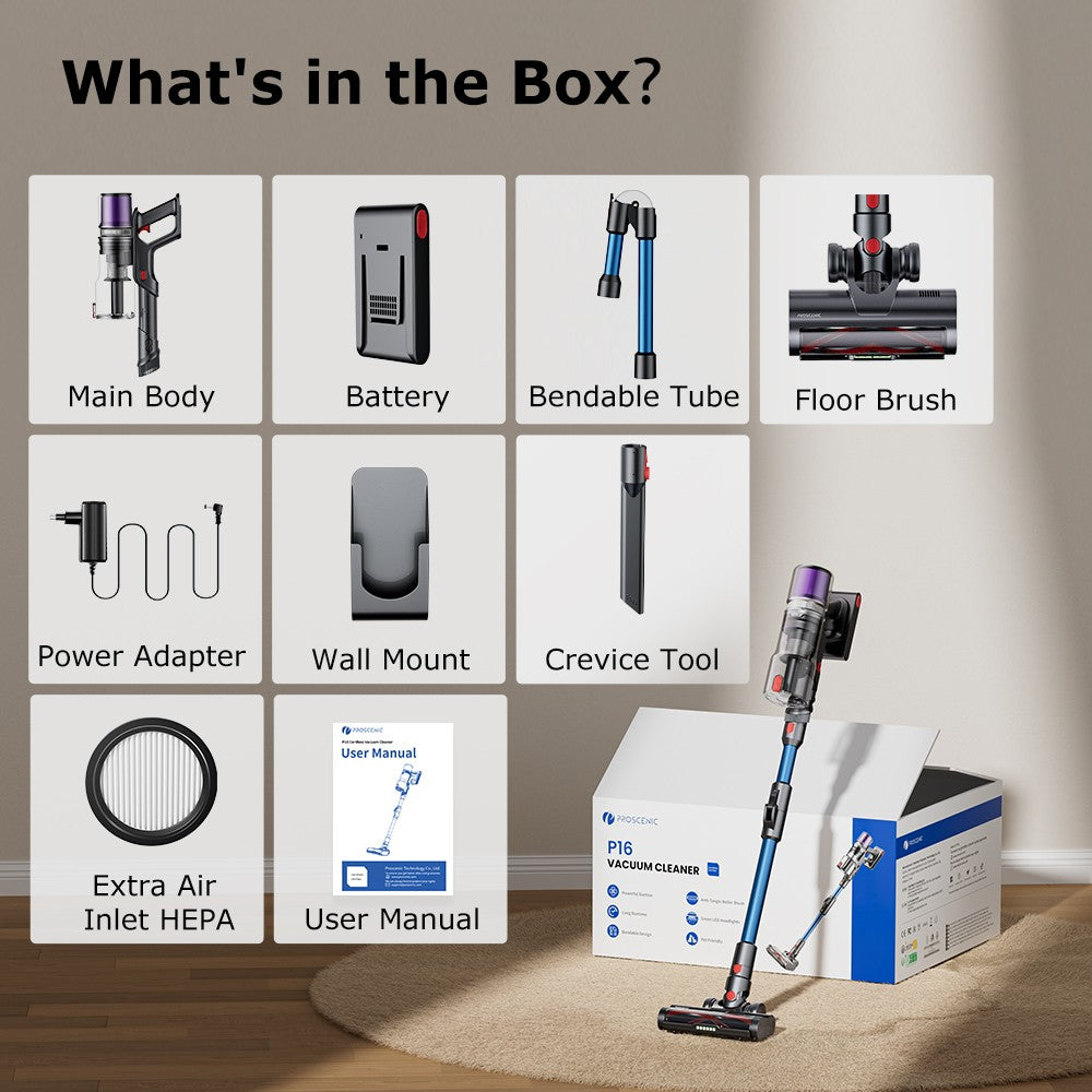 Bezdrátový tyčový vysavač Proscenic P16, sací výkon 45 kPa, doba provozu 55 minut, ohebná tyč o 180°, kartáč na podlahu proti zamotání, nízká hlučnost 62 dB, pro domácí použití a zvířecí chlupy, modrý