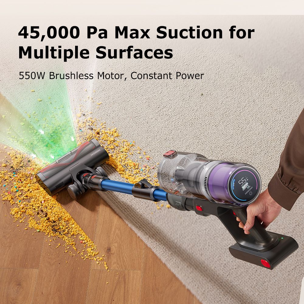 Bezdrátový tyčový vysavač Proscenic P16, sací výkon 45 kPa, doba provozu 55 minut, ohebná tyč o 180°, kartáč na podlahu proti zamotání, nízká hlučnost 62 dB, pro domácí použití a zvířecí chlupy, modrý