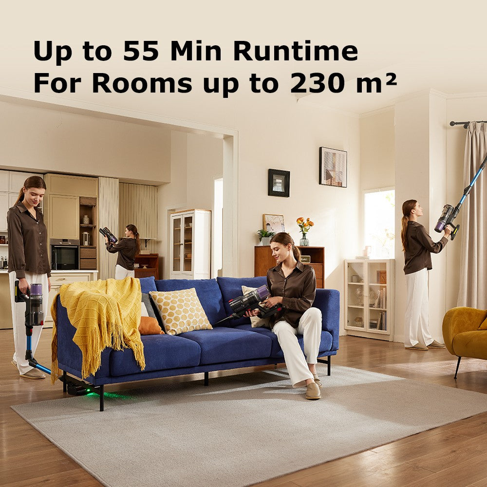 Bezdrátový tyčový vysavač Proscenic P16, sací výkon 45 kPa, doba provozu 55 minut, ohebná tyč o 180°, kartáč na podlahu proti zamotání, nízká hlučnost 62 dB, pro domácí použití a zvířecí chlupy, modrý