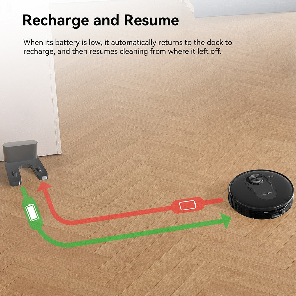 Robotický vysavač a mop Proscenic Q8, sací výkon 4200 Pa, navigace LiDAR, doba provozu 200 minut, automatické nabíjení, ovládání přes aplikaci, 350ml nádoba na prach, 250ml nádržka na vodu, pro vnitřní podlahy, zvířecí chlupy a koberce - černá