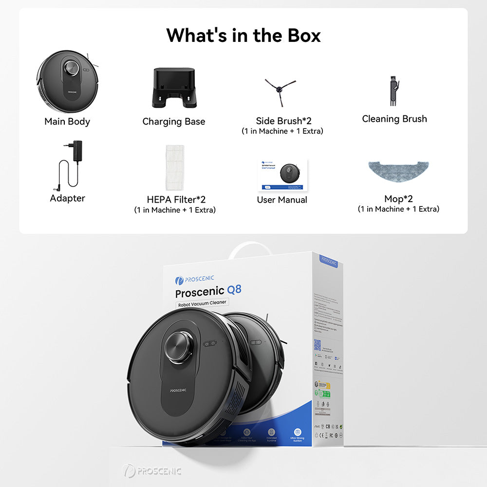 Robotický vysavač a mop Proscenic Q8, sací výkon 4200 Pa, navigace LiDAR, doba provozu 200 minut, automatické nabíjení, ovládání přes aplikaci, 350ml nádoba na prach, 250ml nádržka na vodu, pro vnitřní podlahy, zvířecí chlupy a koberce - černá