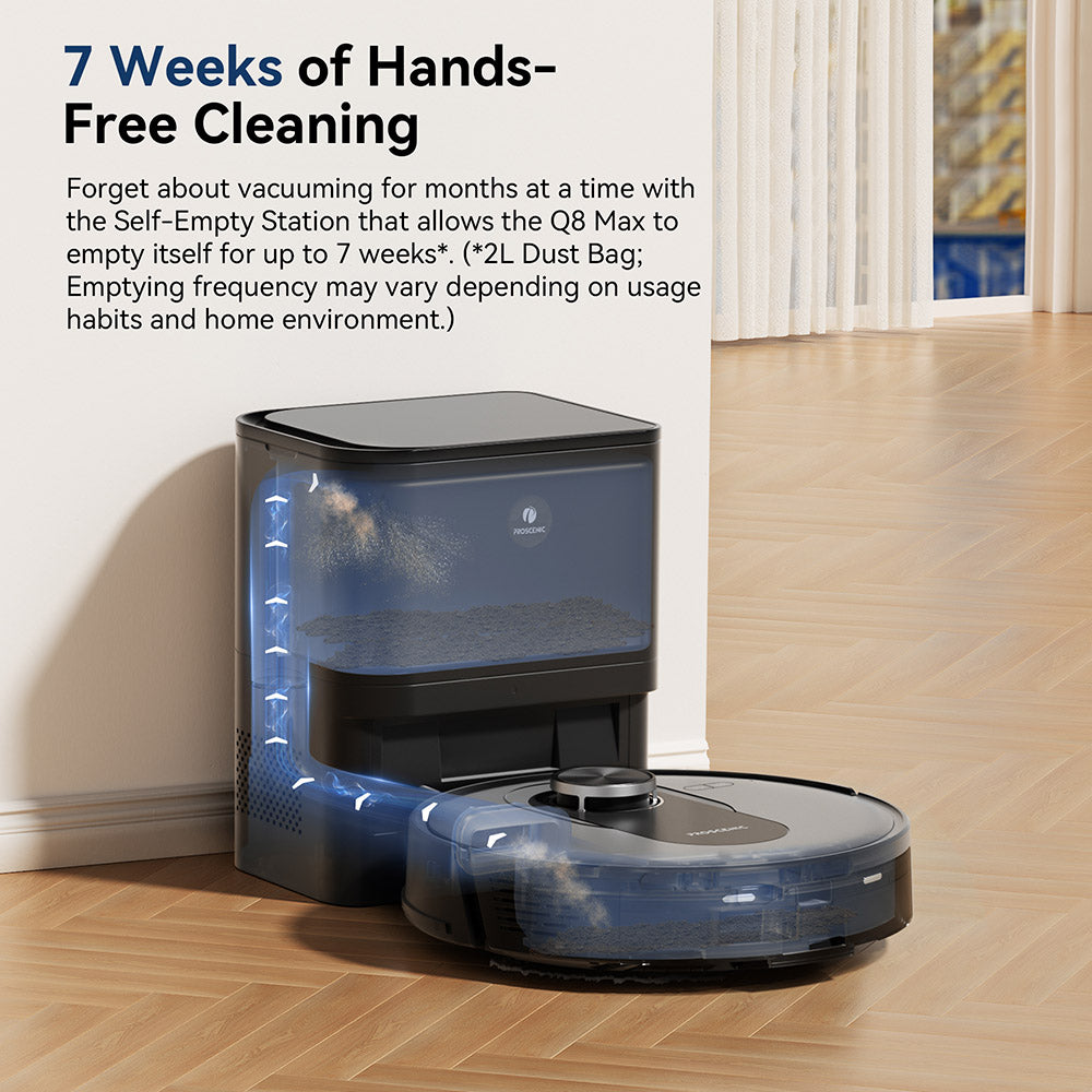 Robotický vysavač a mop Proscenic Q8 Max se samovyprazdňovací stanicí, maximální sací výkon 4200 Pa, doba provozu 200 minut, 3 režimy úklidu, inteligentní 360° LiDAR navigace, ovládání pomocí aplikace, na podlahy, zvířecí chlupy a koberce