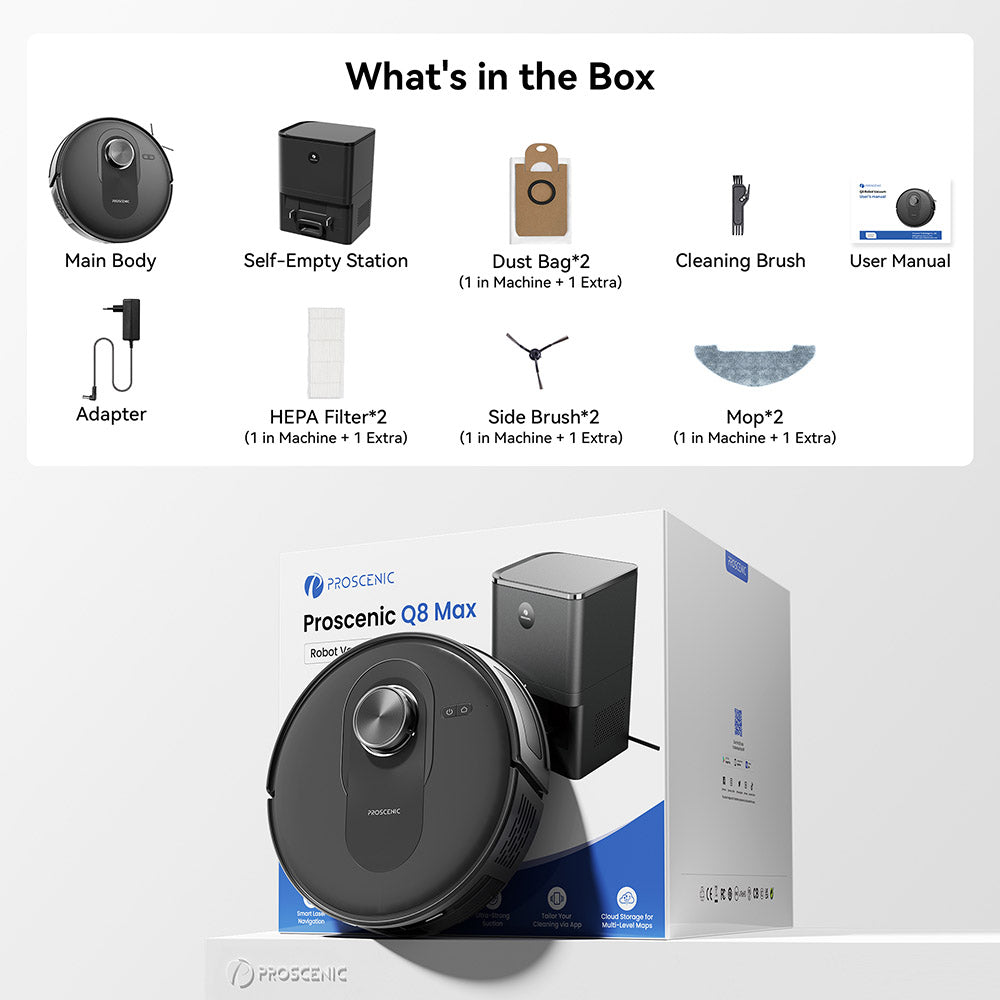 Robotický vysavač a mop Proscenic Q8 Max se samovyprazdňovací stanicí, maximální sací výkon 4200 Pa, doba provozu 200 minut, 3 režimy úklidu, inteligentní 360° LiDAR navigace, ovládání pomocí aplikace, na podlahy, zvířecí chlupy a koberce