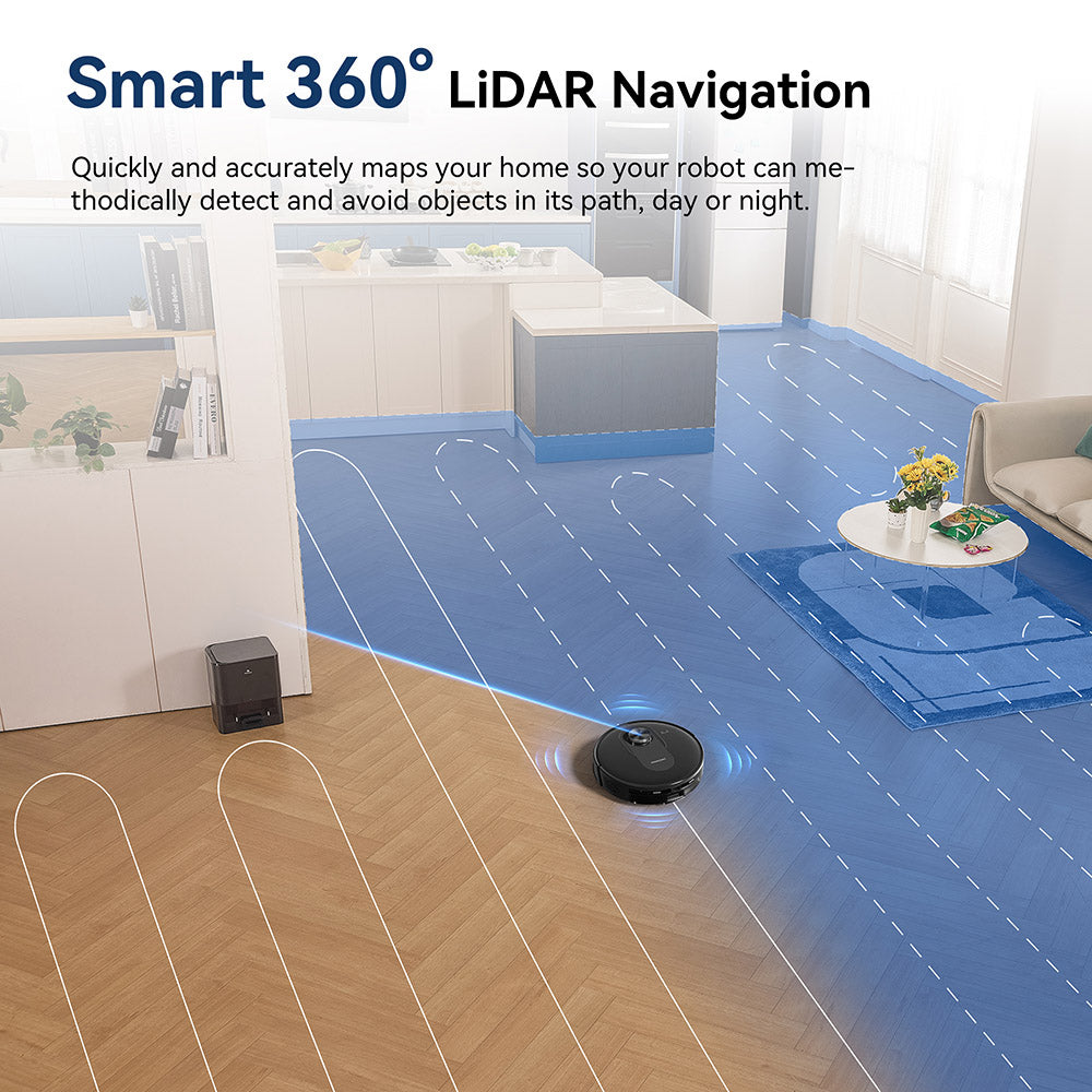 Robotický vysavač a mop Proscenic Q8 Max se samovyprazdňovací stanicí, maximální sací výkon 4200 Pa, doba provozu 200 minut, 3 režimy úklidu, inteligentní 360° LiDAR navigace, ovládání pomocí aplikace, na podlahy, zvířecí chlupy a koberce