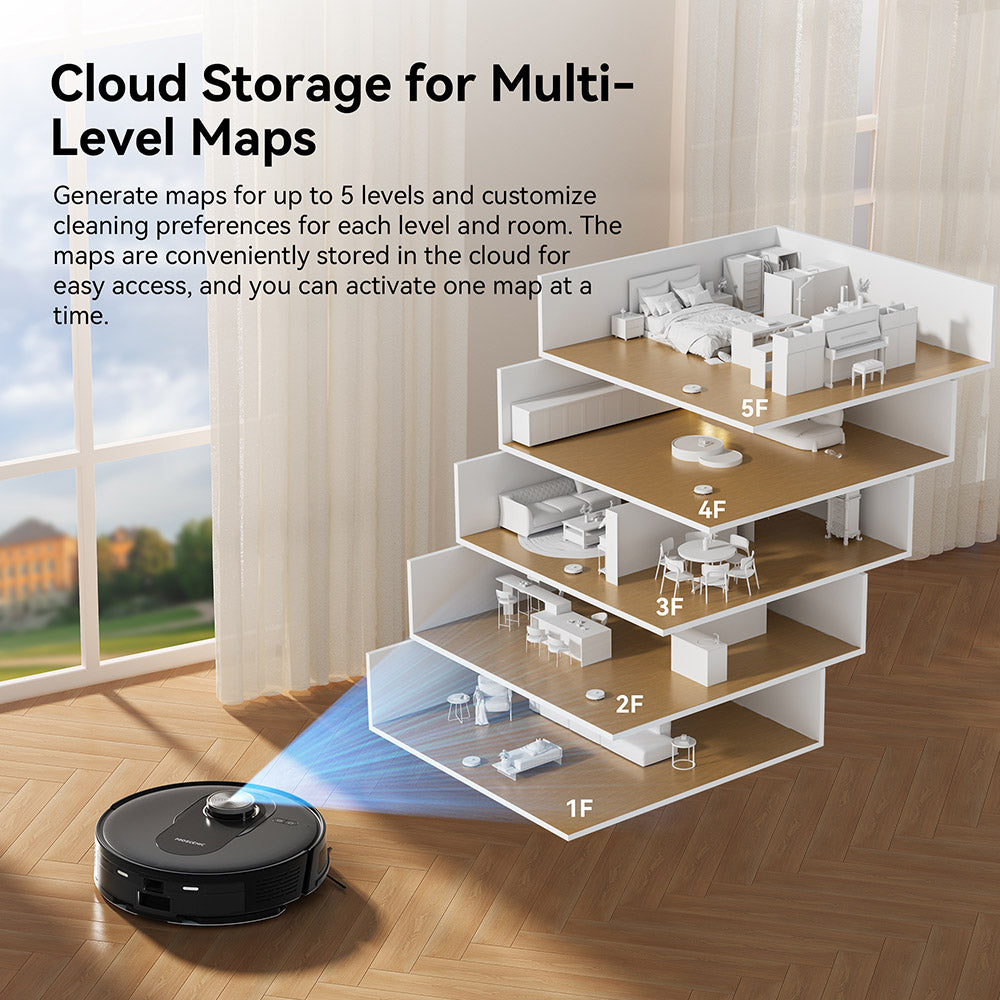 Robotický vysavač a mop Proscenic Q8 Max se samovyprazdňovací stanicí, maximální sací výkon 4200 Pa, doba provozu 200 minut, 3 režimy úklidu, inteligentní 360° LiDAR navigace, ovládání pomocí aplikace, na podlahy, zvířecí chlupy a koberce