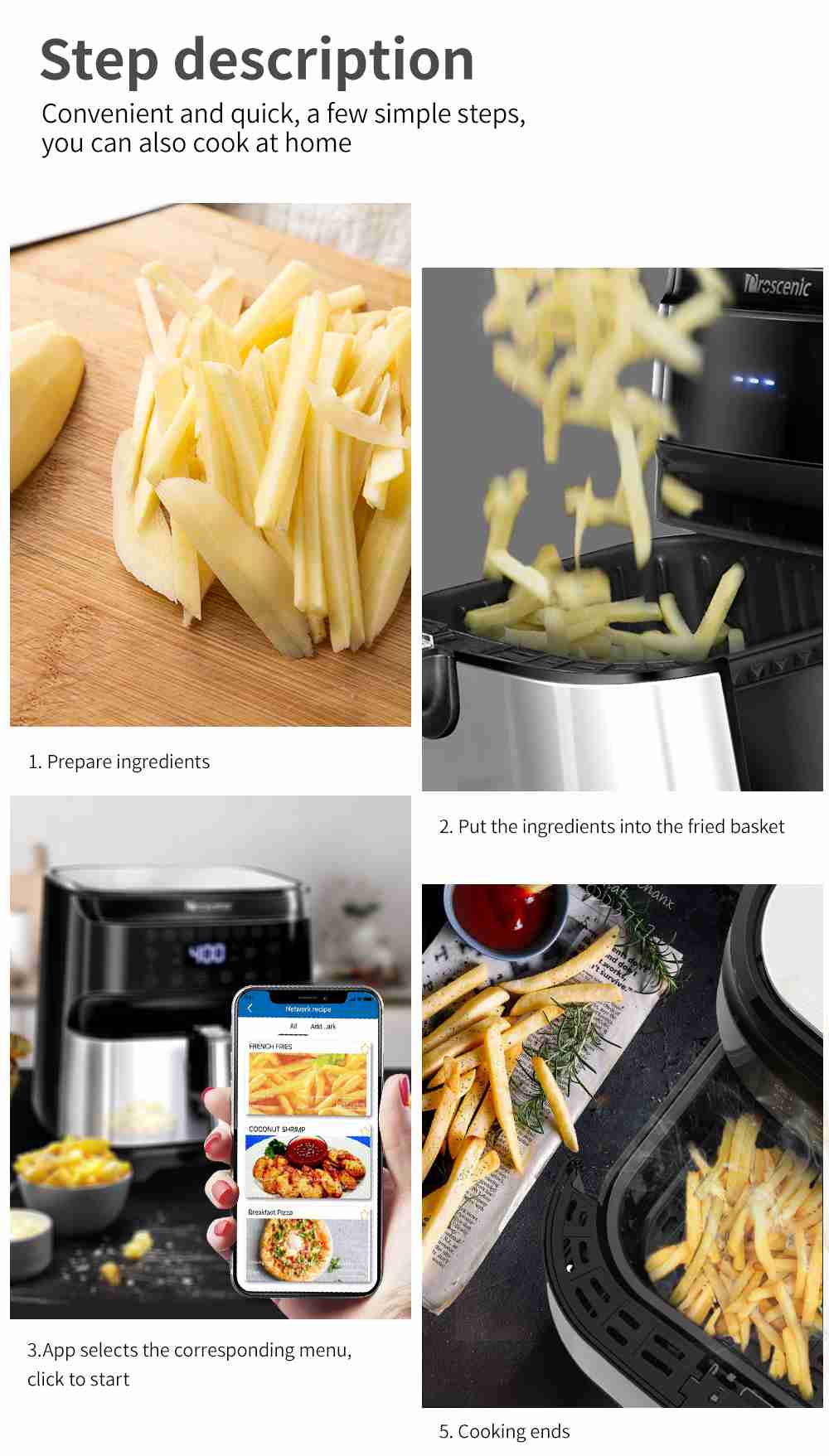 Proscenic T21 Smart elektrická fritéza, 1700 W, bezolejová nepřilnavá pánev, hlasové ovládání, LED dotyková obrazovka - černá